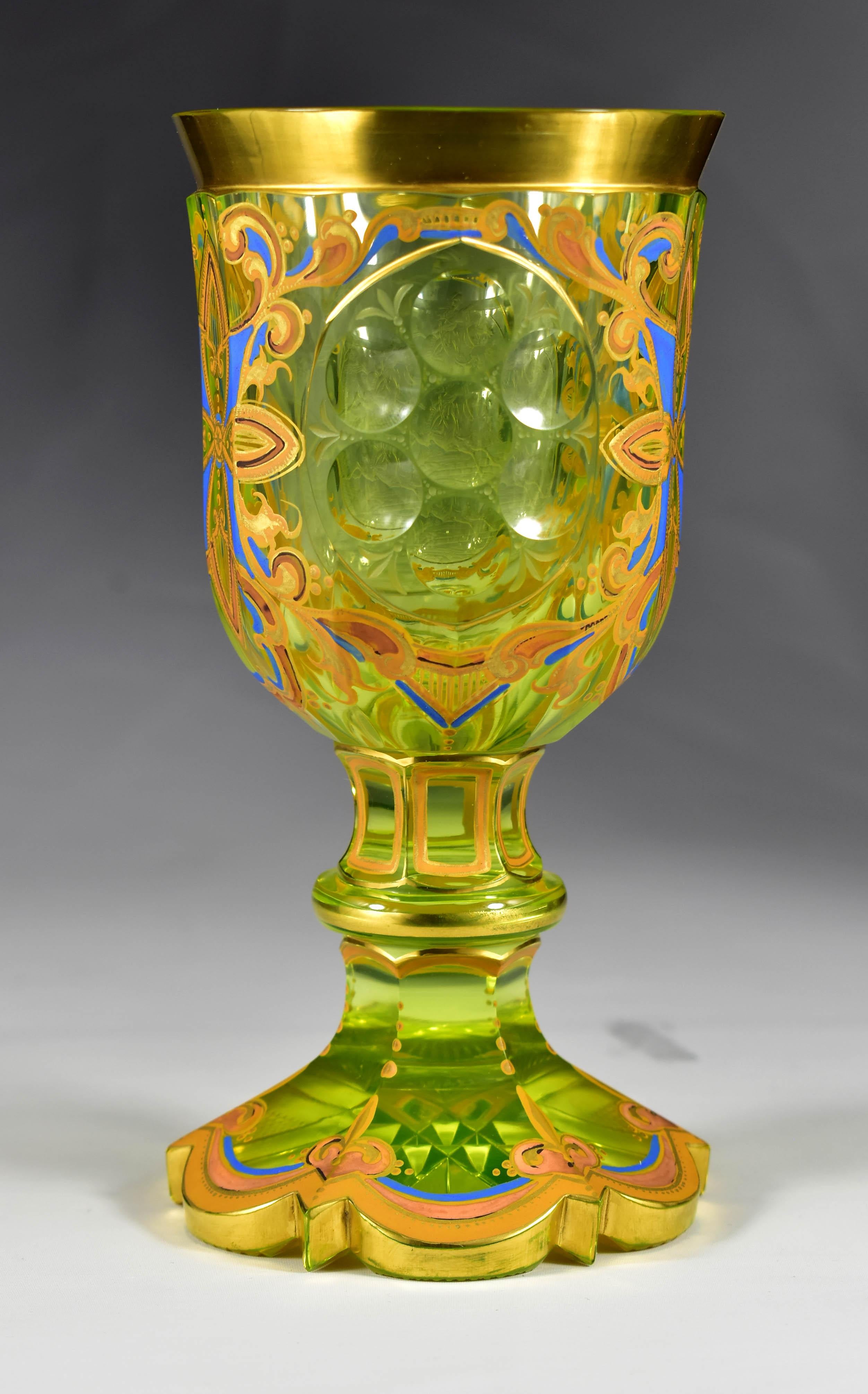 Hand-Crafted Engraved Painted Goblet -  Uranium glass - Bohemian glass 19-20 centuries