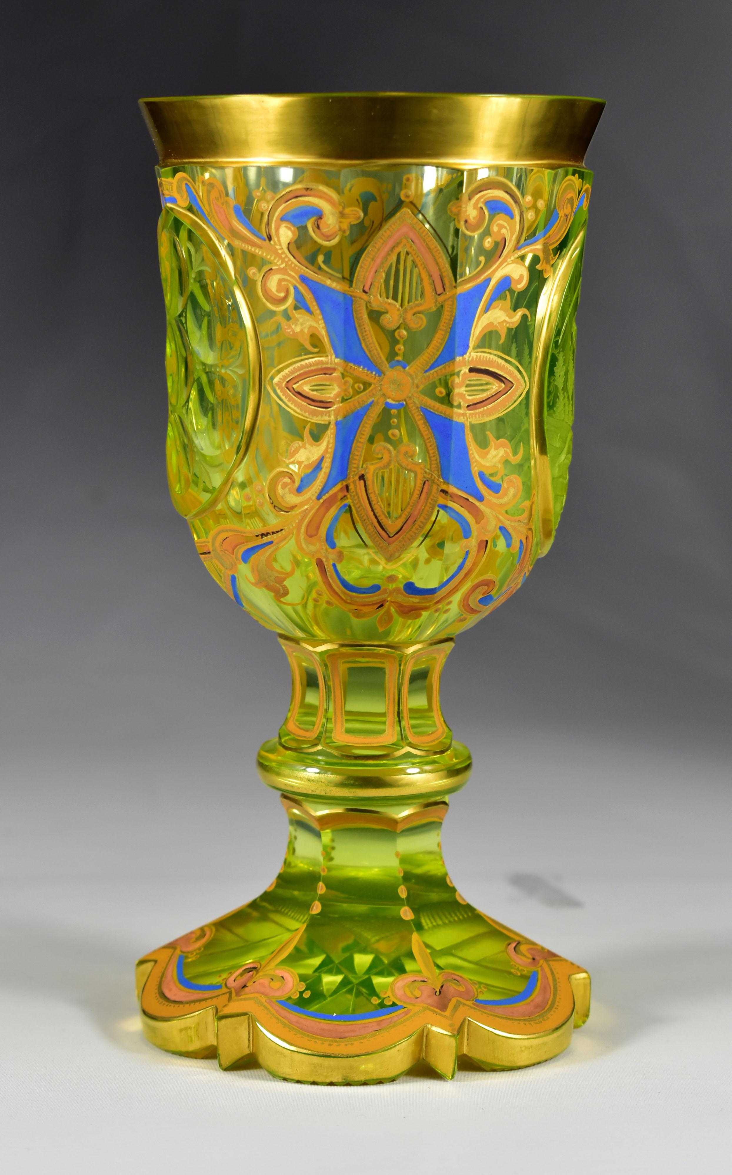 Engraved Painted Goblet -  Uranium glass - Bohemian glass 19-20 centuries In Good Condition In Nový Bor, CZ