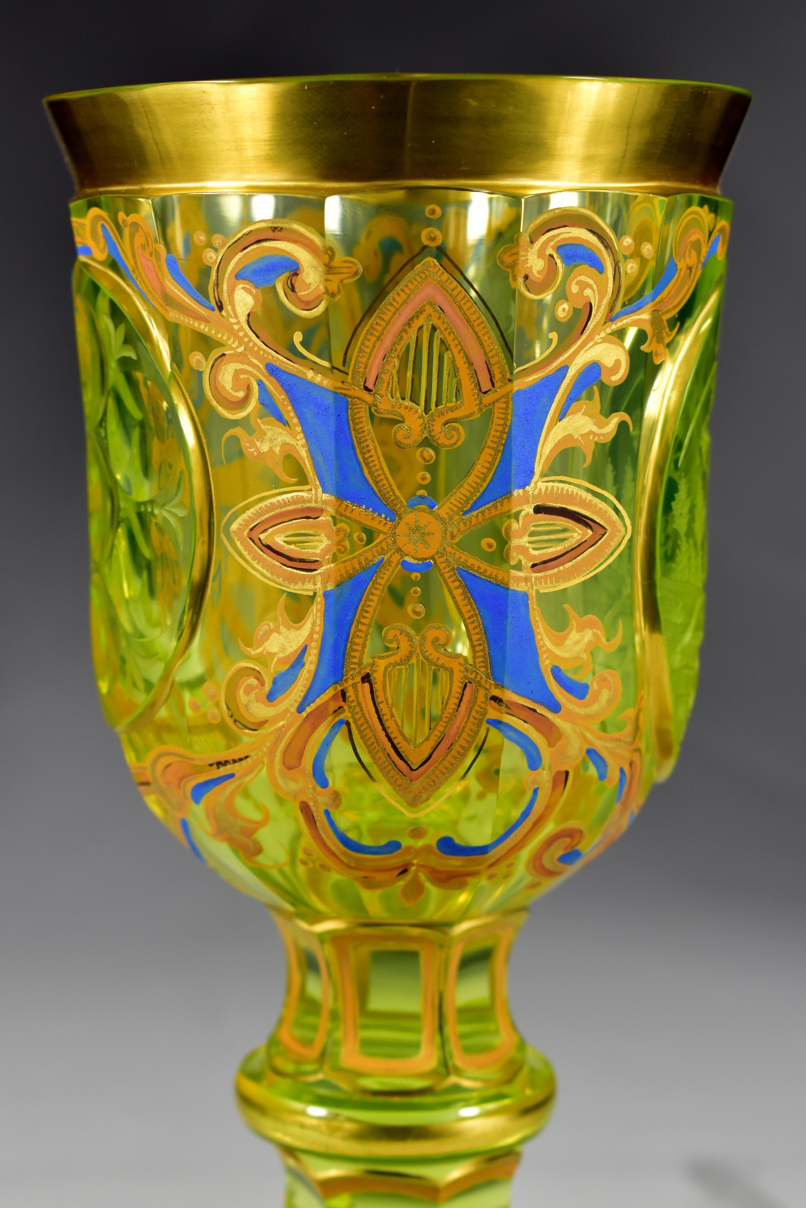 20th Century Engraved Painted Goblet -  Uranium glass - Bohemian glass 19-20 centuries