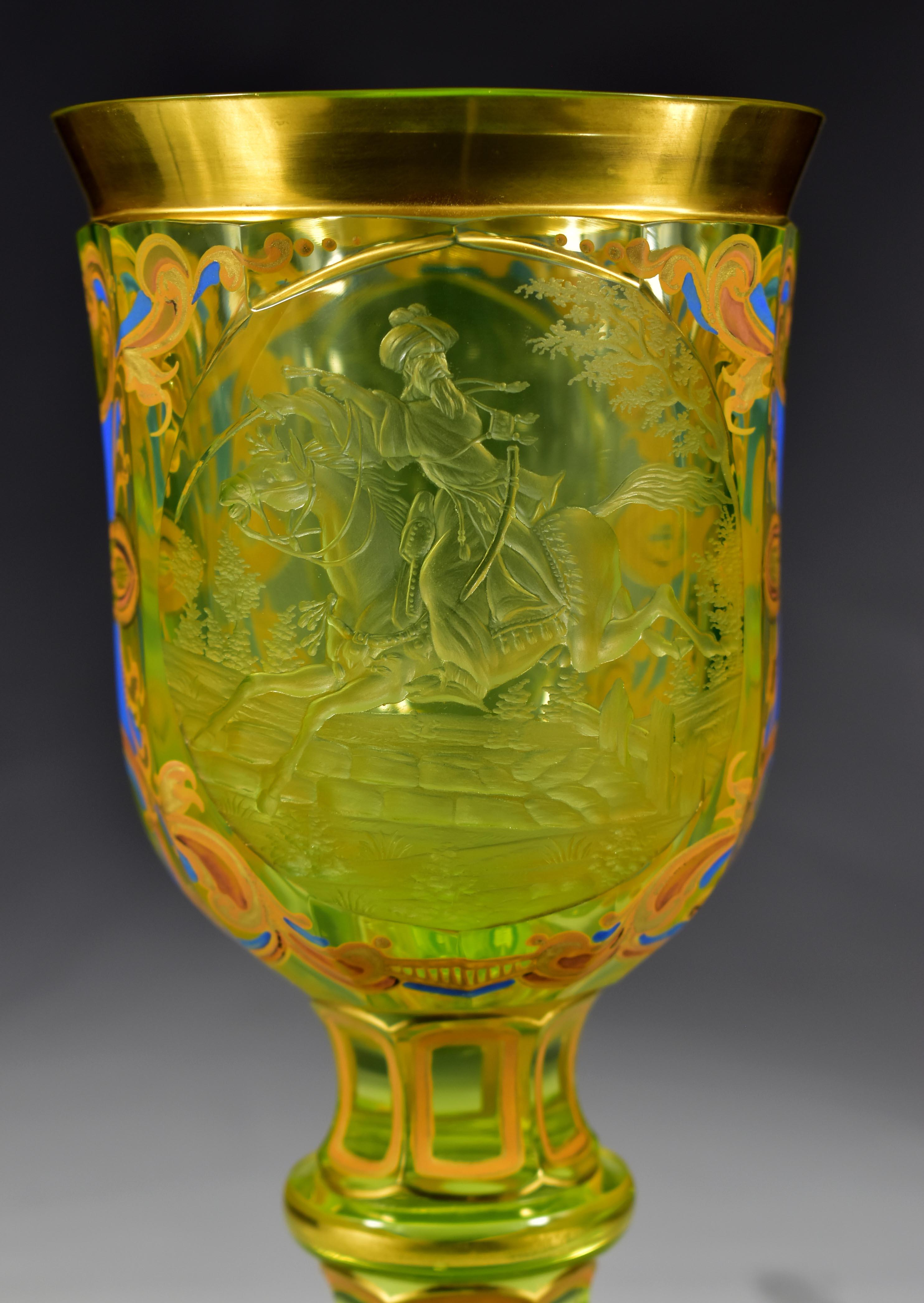 Uranium Glass Engraved Painted Goblet -  Uranium glass - Bohemian glass 19-20 centuries