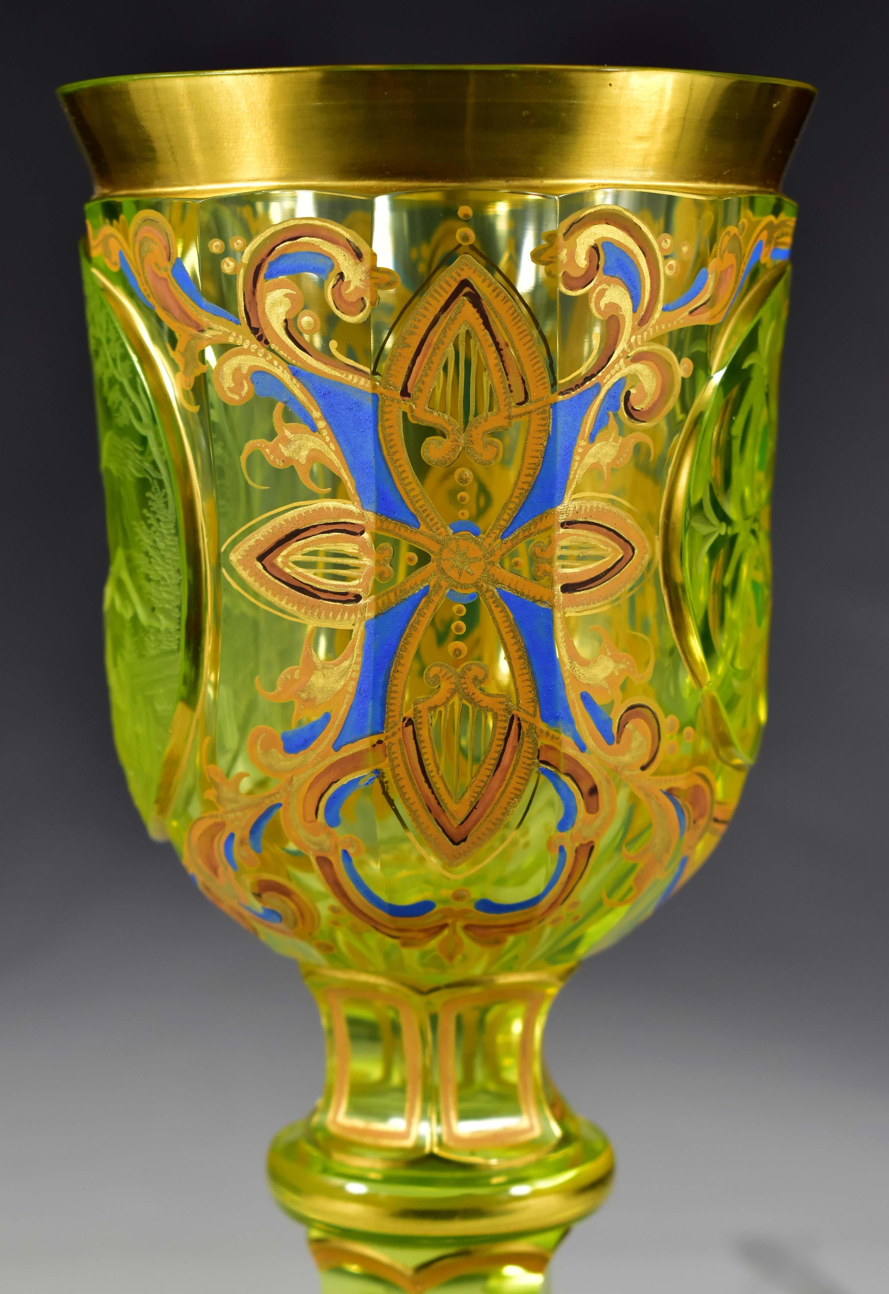 Engraved Painted Goblet -  Uranium glass - Bohemian glass 19-20 centuries 1