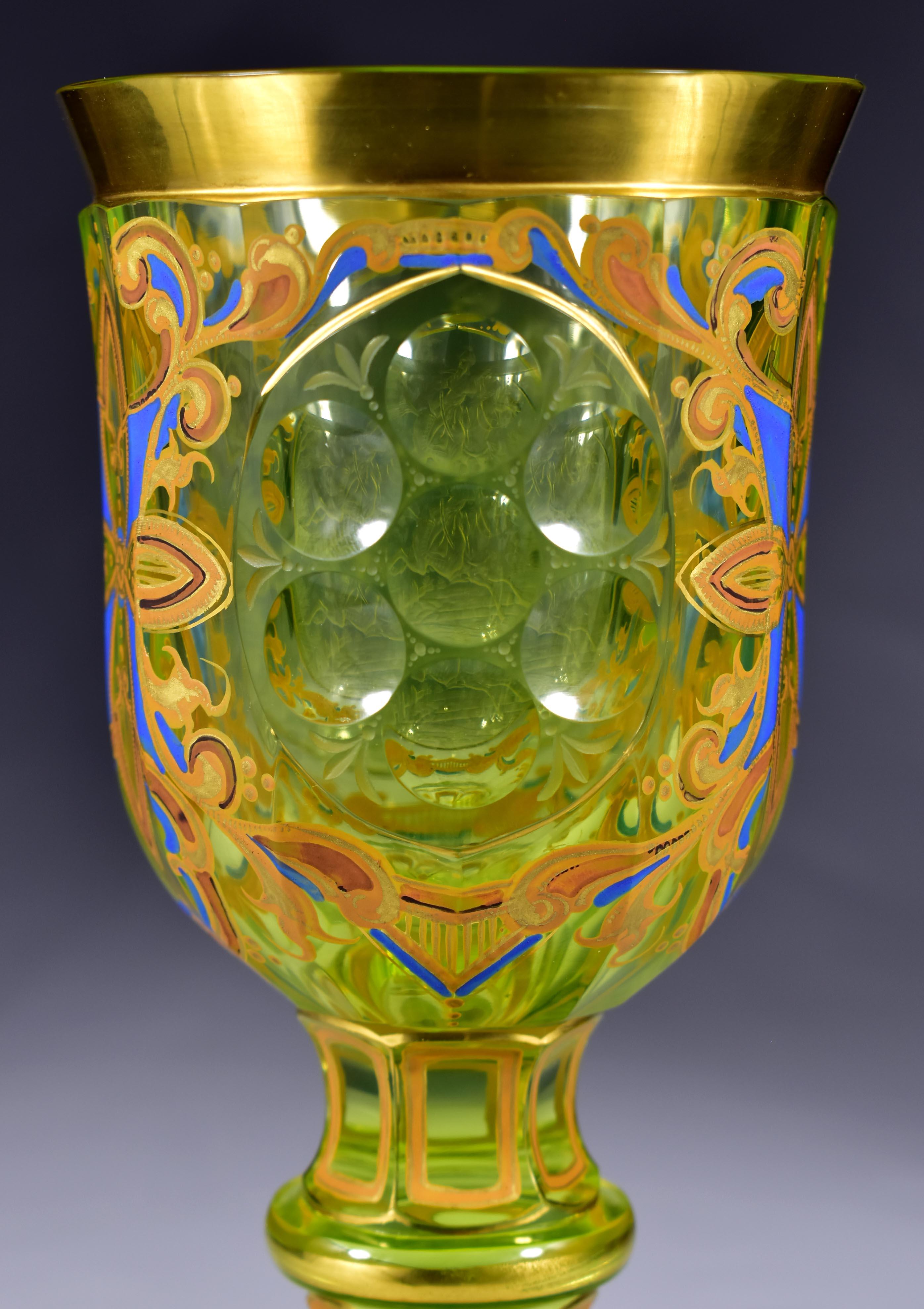 Engraved Painted Goblet -  Uranium glass - Bohemian glass 19-20 centuries 2