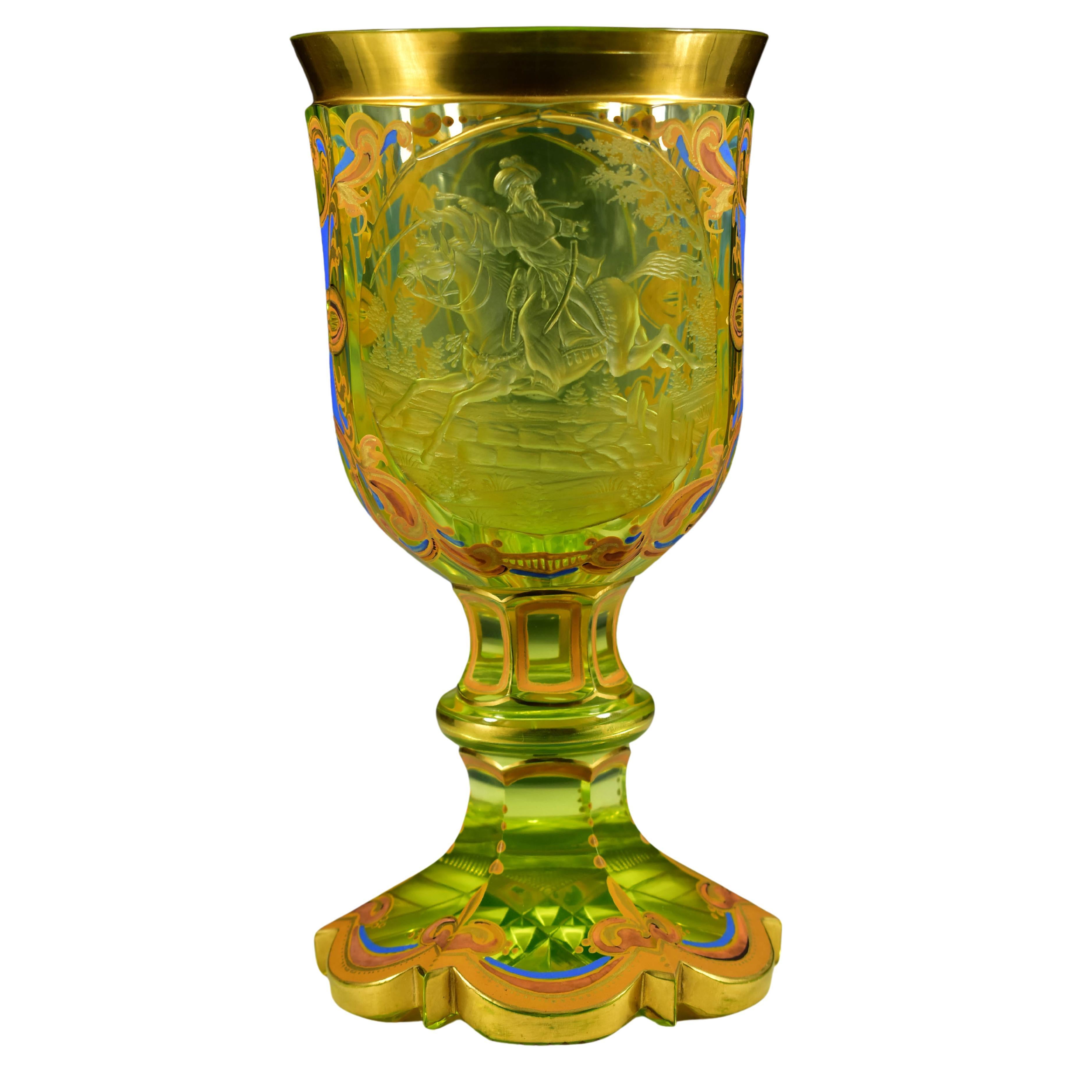 Engraved Painted Goblet -  Uranium glass - Bohemian glass 19-20 centuries
