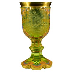 Antique Engraved Painted Goblet -  Uranium glass - Bohemian glass 19-20 centuries