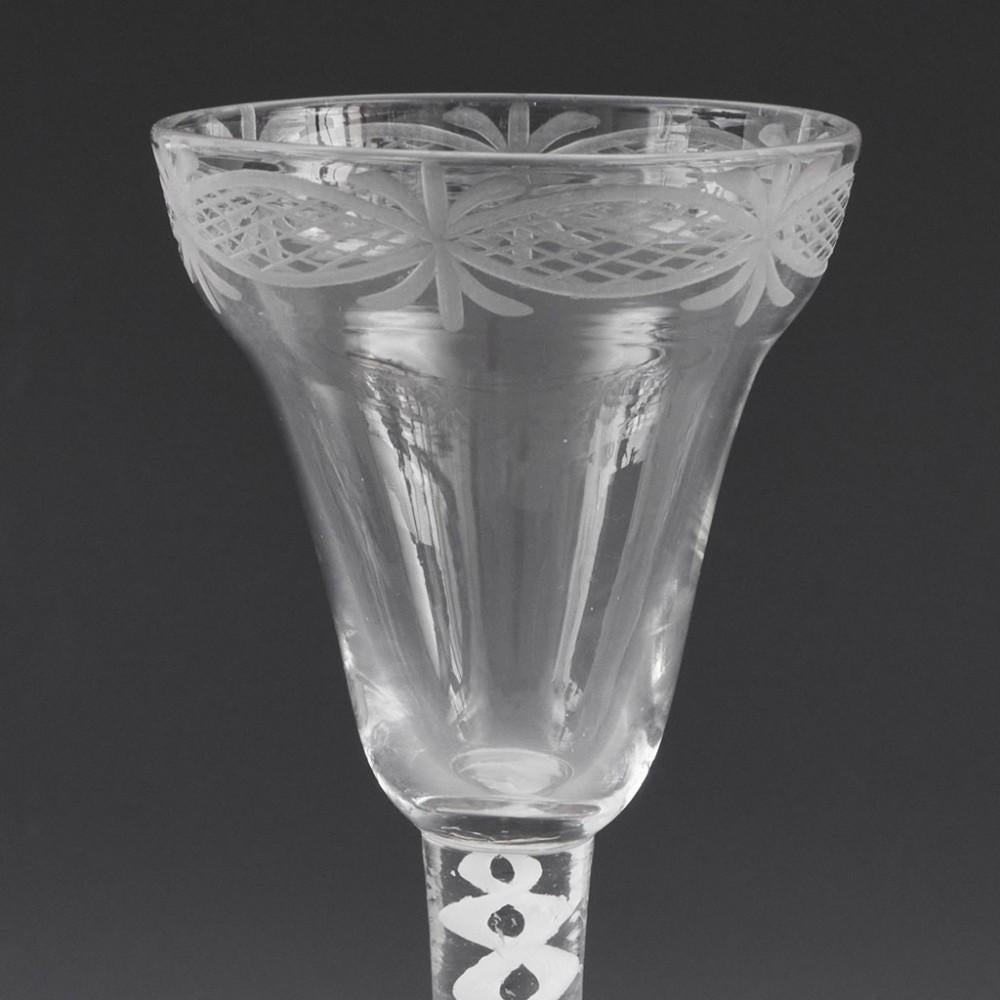 George III Engraved Pan Top Single Series Opaque Twist Wine Glass c1760 Engraved Pan Top Si For Sale