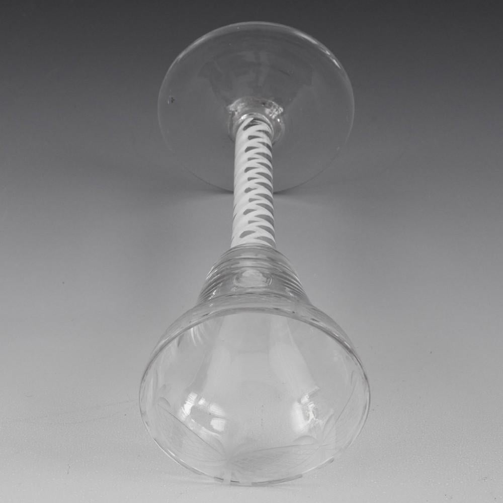 Mid-18th Century Engraved Pan Top Single Series Opaque Twist Wine Glass c1760 Engraved Pan Top Si For Sale