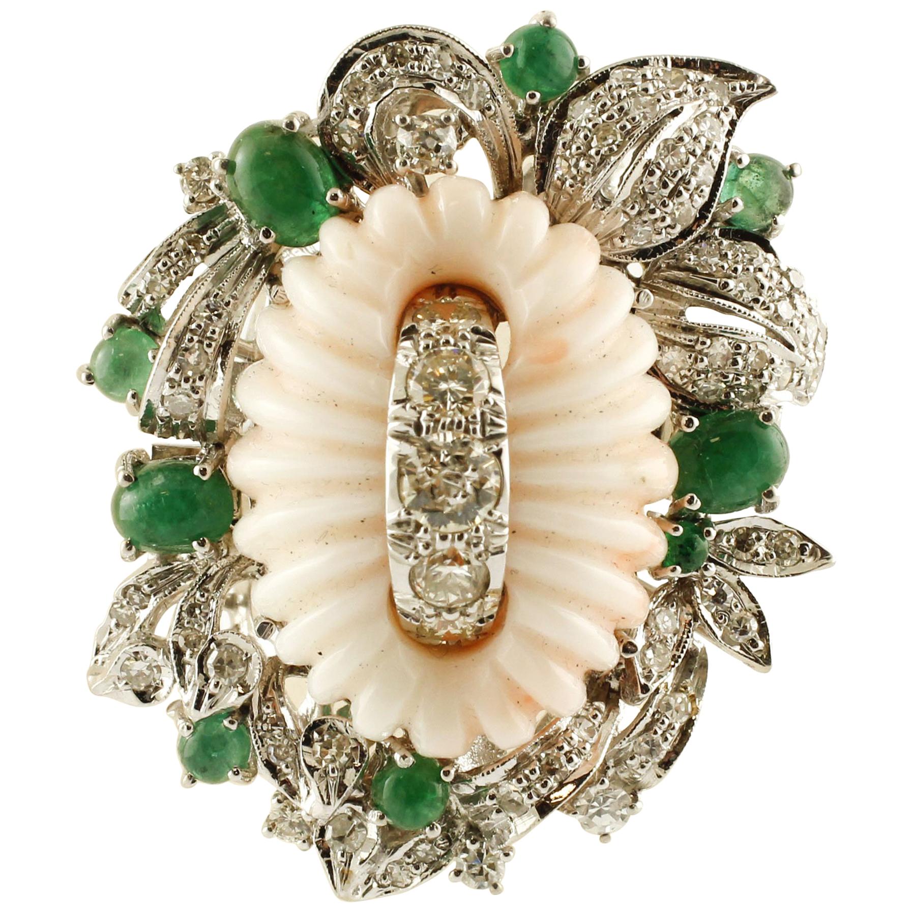 Engraved Pink Coral Flower Diamonds Emeralds White Gold Cocktail Ring