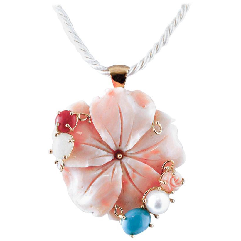 Engraved Pink Coral, Pearl, Colored Stones, 18 Karat Gold Pendant Necklace For Sale