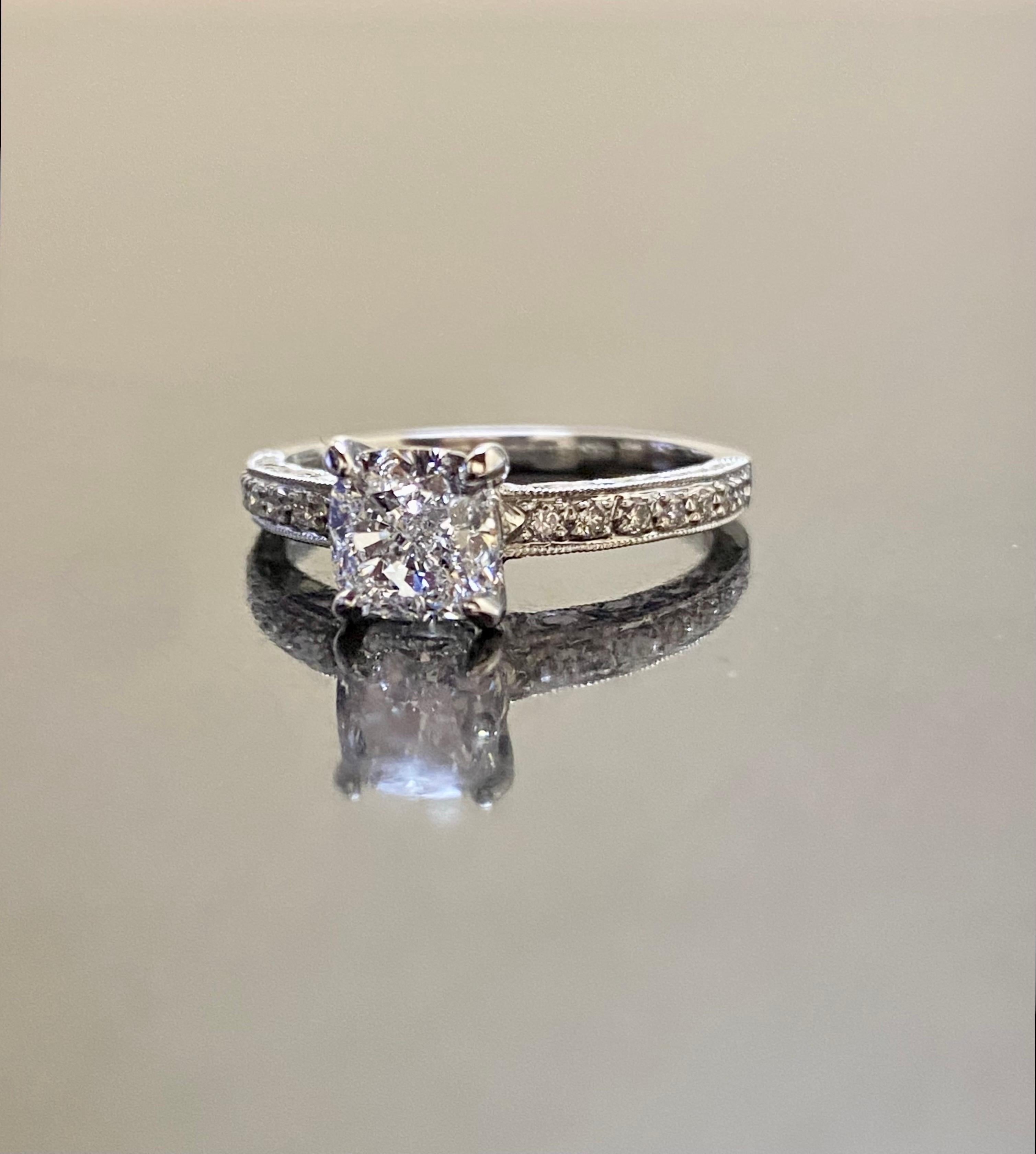 Engraved Platinum GIA Certified 1.20 Carat D Color SI1 Cushion Cut Diamond Ring In New Condition For Sale In Los Angeles, CA
