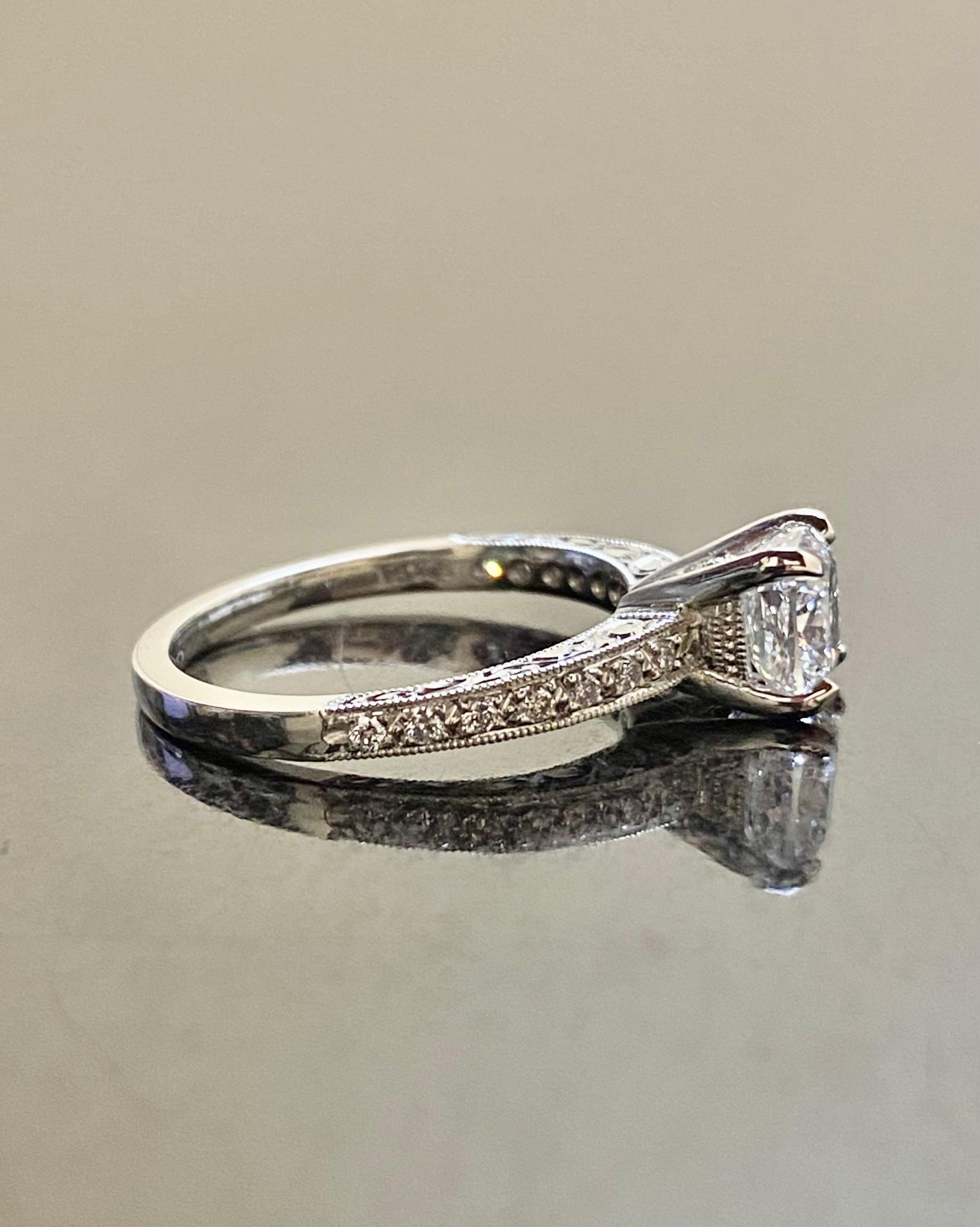 Women's Engraved Platinum GIA Certified 1.20 Carat D Color SI1 Cushion Cut Diamond Ring For Sale