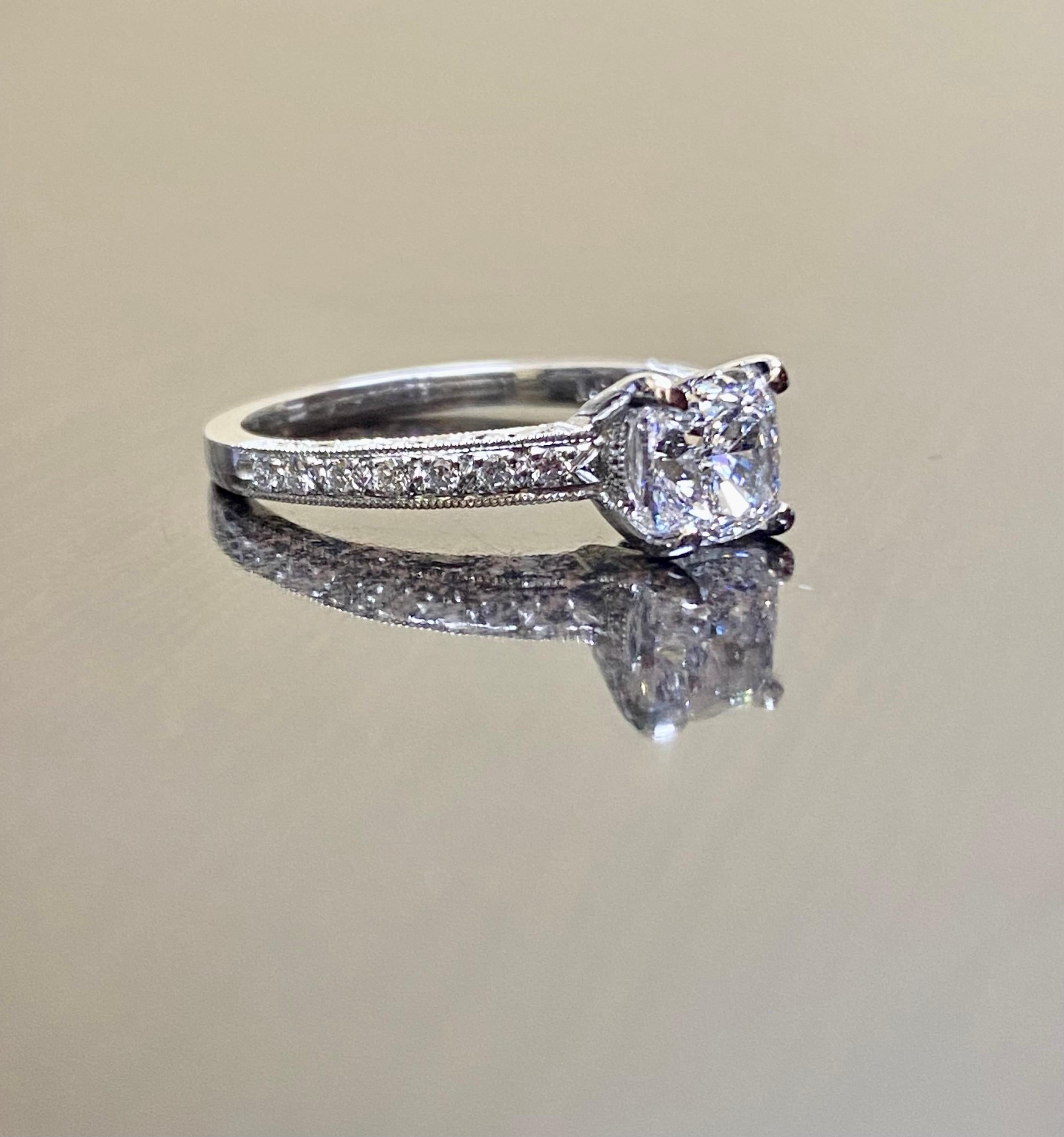 Engraved Platinum GIA Certified 1.20 Carat D Color SI1 Cushion Cut Diamond Ring For Sale 1