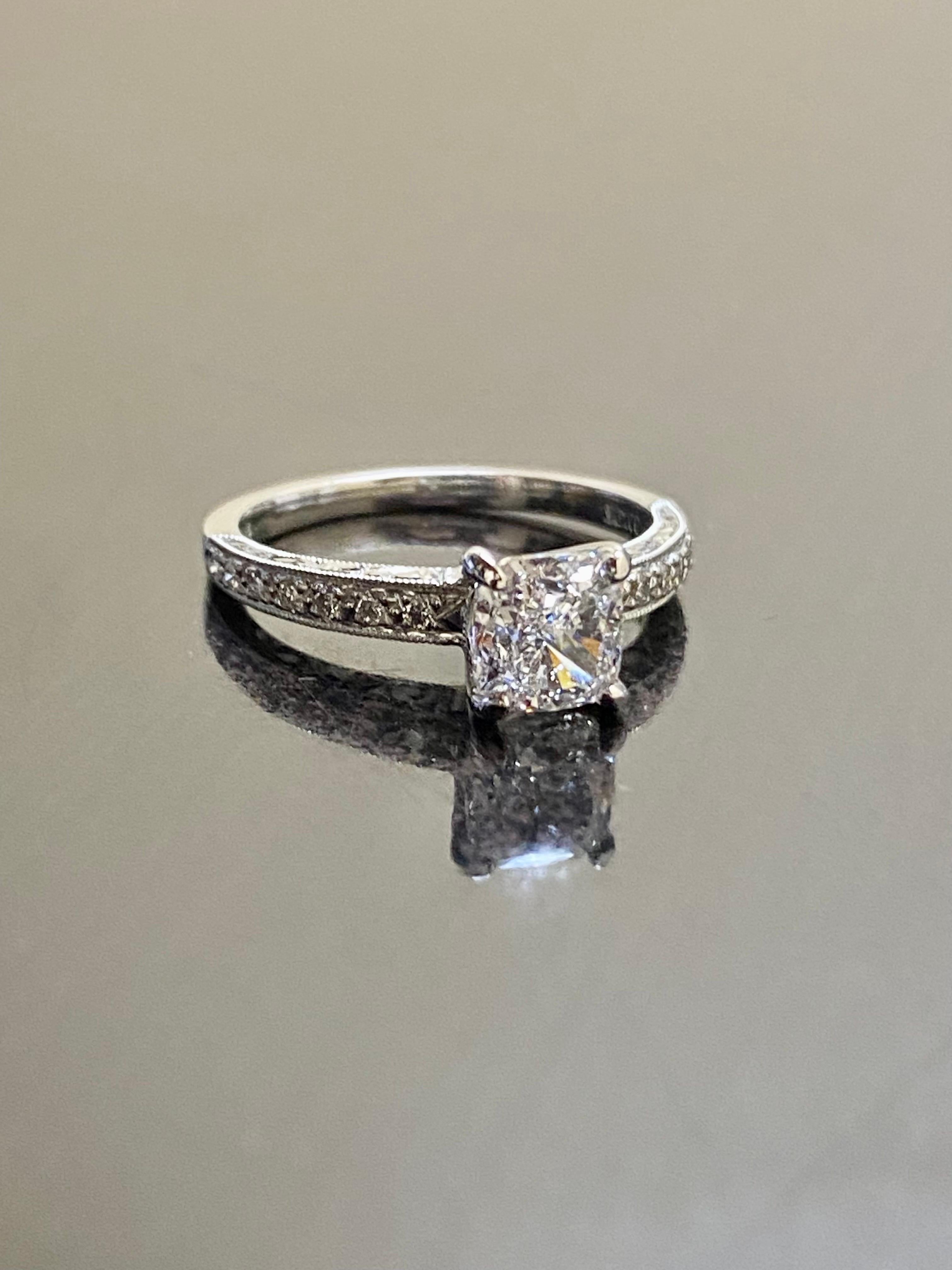 Engraved Platinum GIA Certified 1.20 Carat D Color SI1 Cushion Cut Diamond Ring For Sale 2