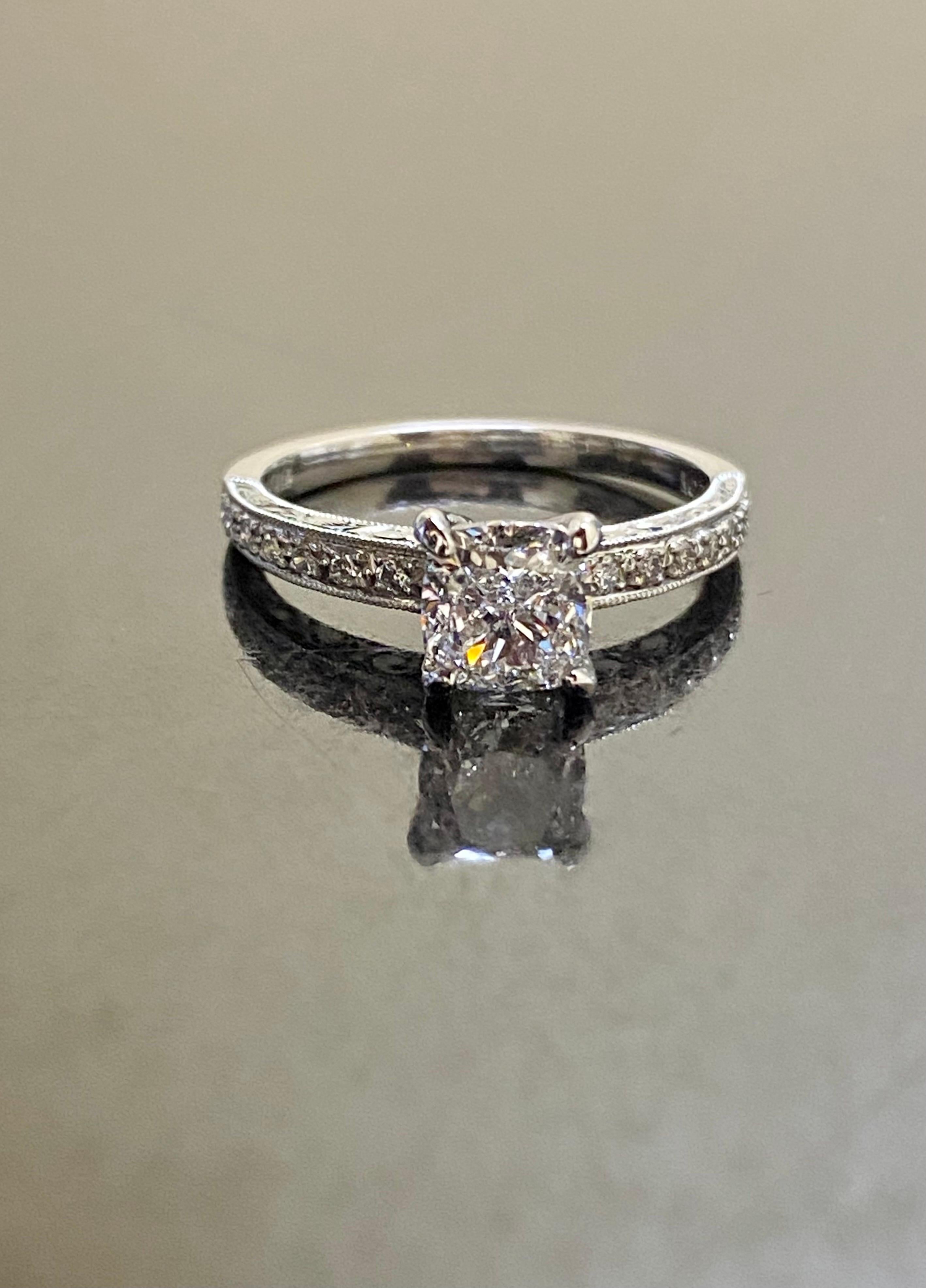 Engraved Platinum GIA Certified 1.20 Carat D Color SI1 Cushion Cut Diamond Ring For Sale 3