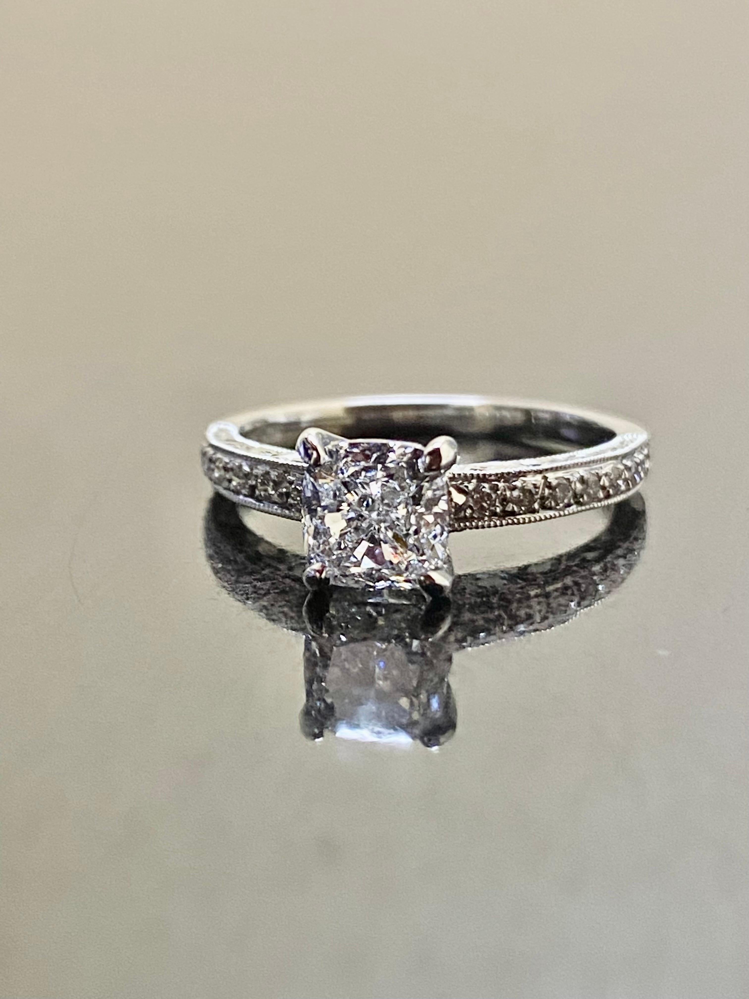 Engraved Platinum GIA Certified 1.20 Carat D Color SI1 Cushion Cut Diamond Ring For Sale 4