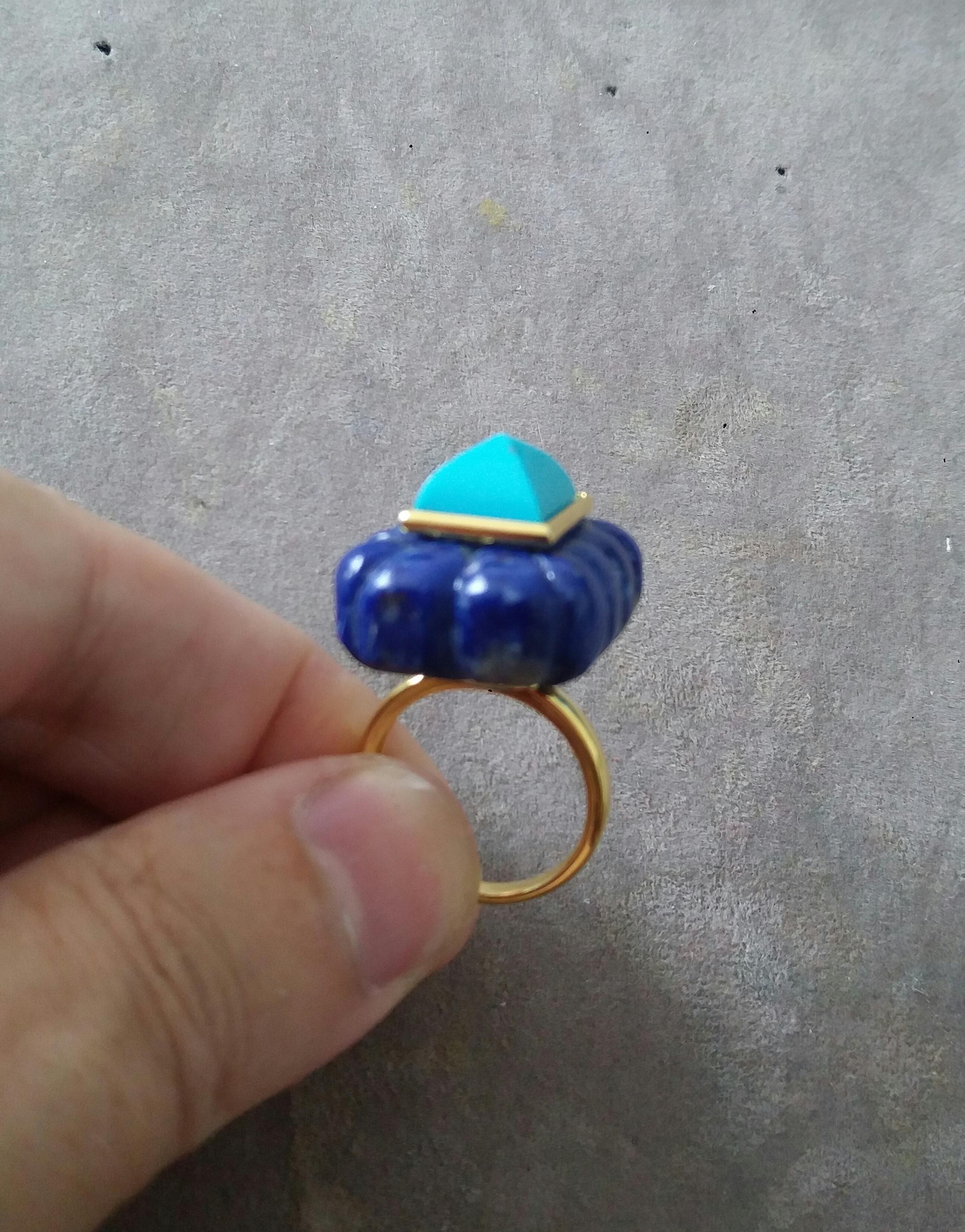 Lapis Lazuli Engraved Rectangular Shape Turquoise Pyramid 14k Yellow Gold Ring For Sale 4