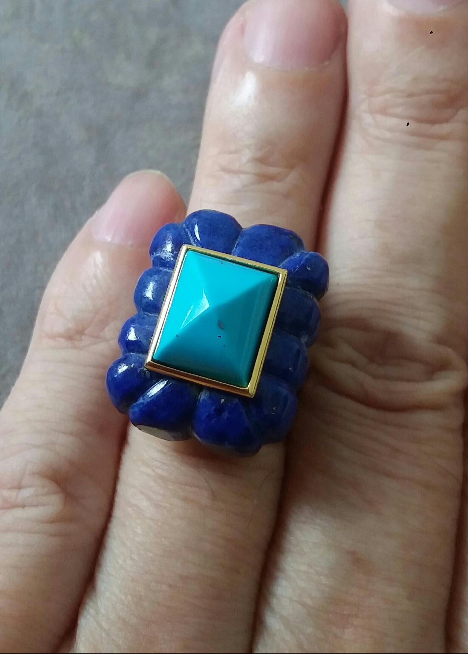 Lapis Lazuli Engraved Rectangular Shape Turquoise Pyramid 14k Yellow Gold Ring For Sale 5