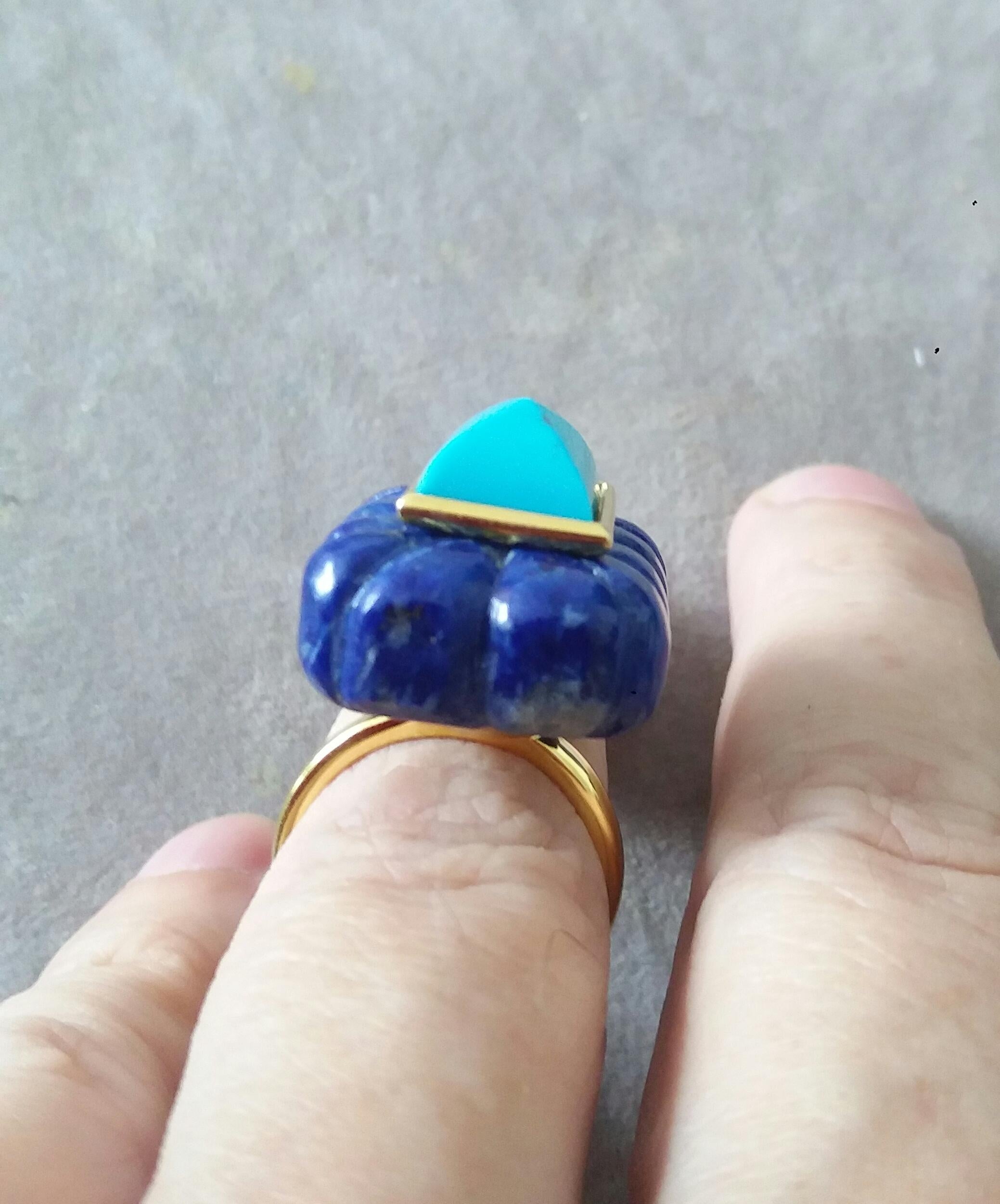 Lapis Lazuli Engraved Rectangular Shape Turquoise Pyramid 14k Yellow Gold Ring For Sale 6