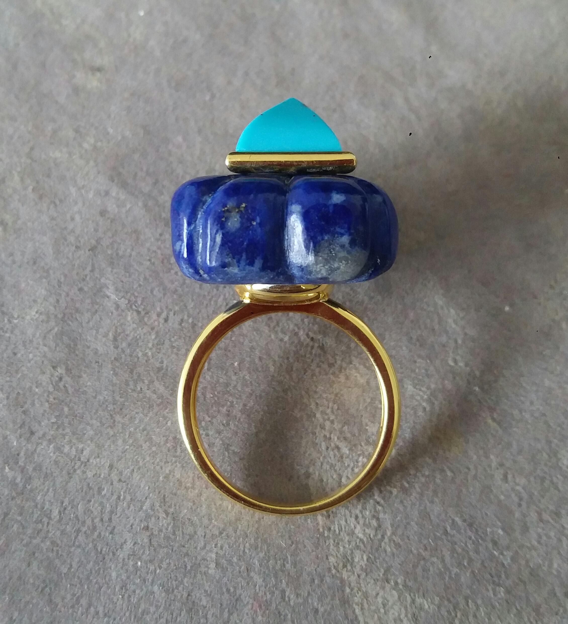 Lapis Lazuli Engraved Rectangular Shape Turquoise Pyramid 14k Yellow Gold Ring For Sale 1