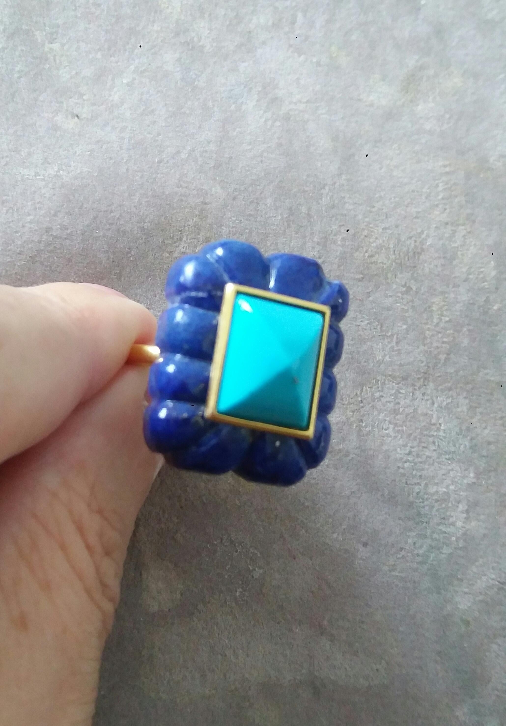 Lapis Lazuli Engraved Rectangular Shape Turquoise Pyramid 14k Yellow Gold Ring For Sale 2