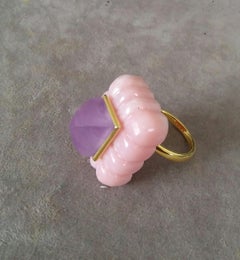 Pink Opal Engraved Rectangular Shape Amethyst Pyramid 14k Solid Yellow Gold Ring