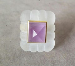 Quartz Engraved Rectangular Shape Amethyst  Pyramid 14k Solid Yellow Gold Ring