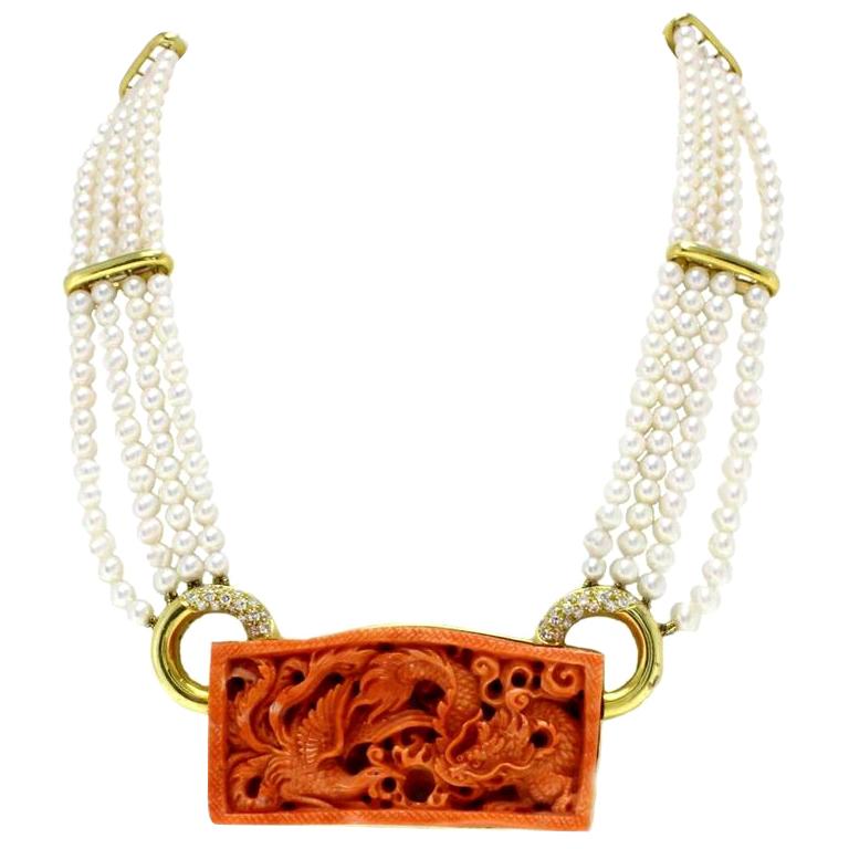 Engraved Red Coral, White Pearls Rows, Diamond Yellow Gold Beaded Necklace