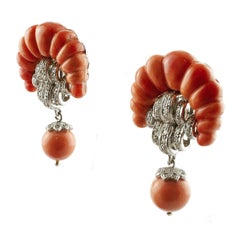 Engraved Red Stones and Red Stones Spheres, Diamonds, White Gold Earrings