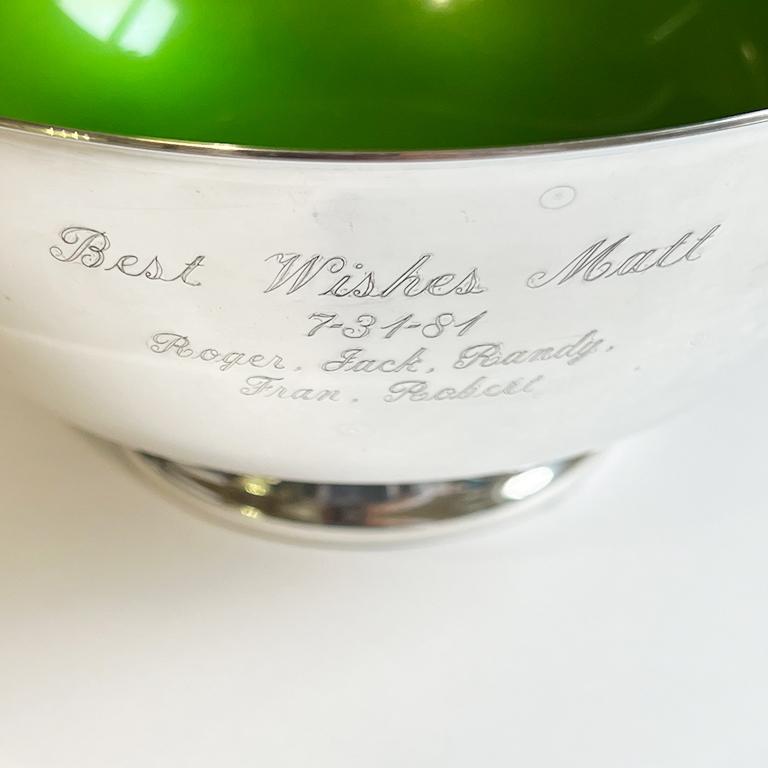 Engraved Reed & Barton Silverplate Revere Bowl with Green Enamel Interior - 1981 In Good Condition For Sale In Oklahoma City, OK