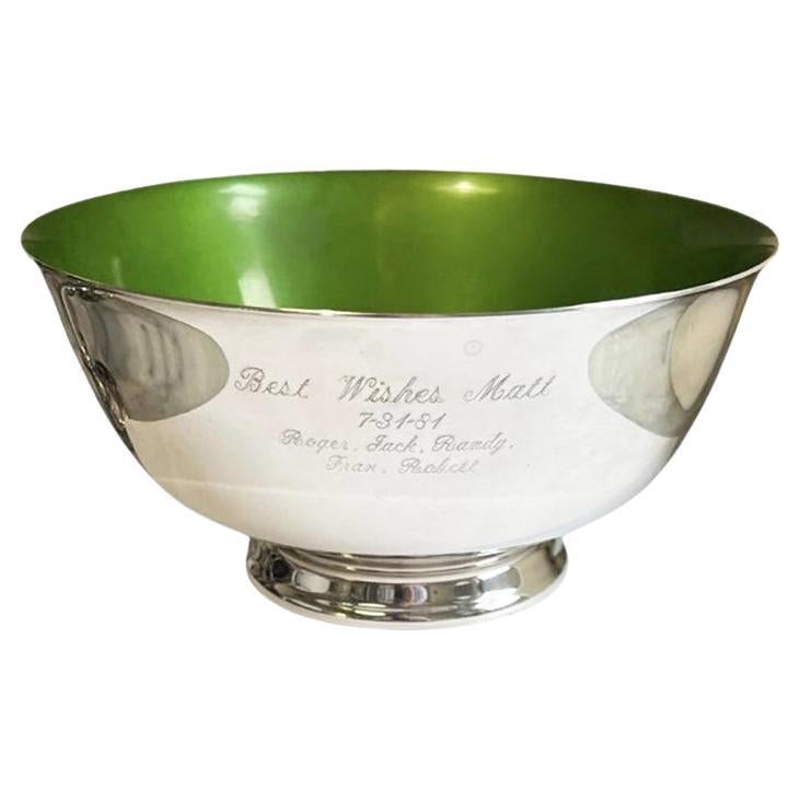 Engraved Reed & Barton Silverplate Revere Bowl with Green Enamel Interior - 1981 For Sale