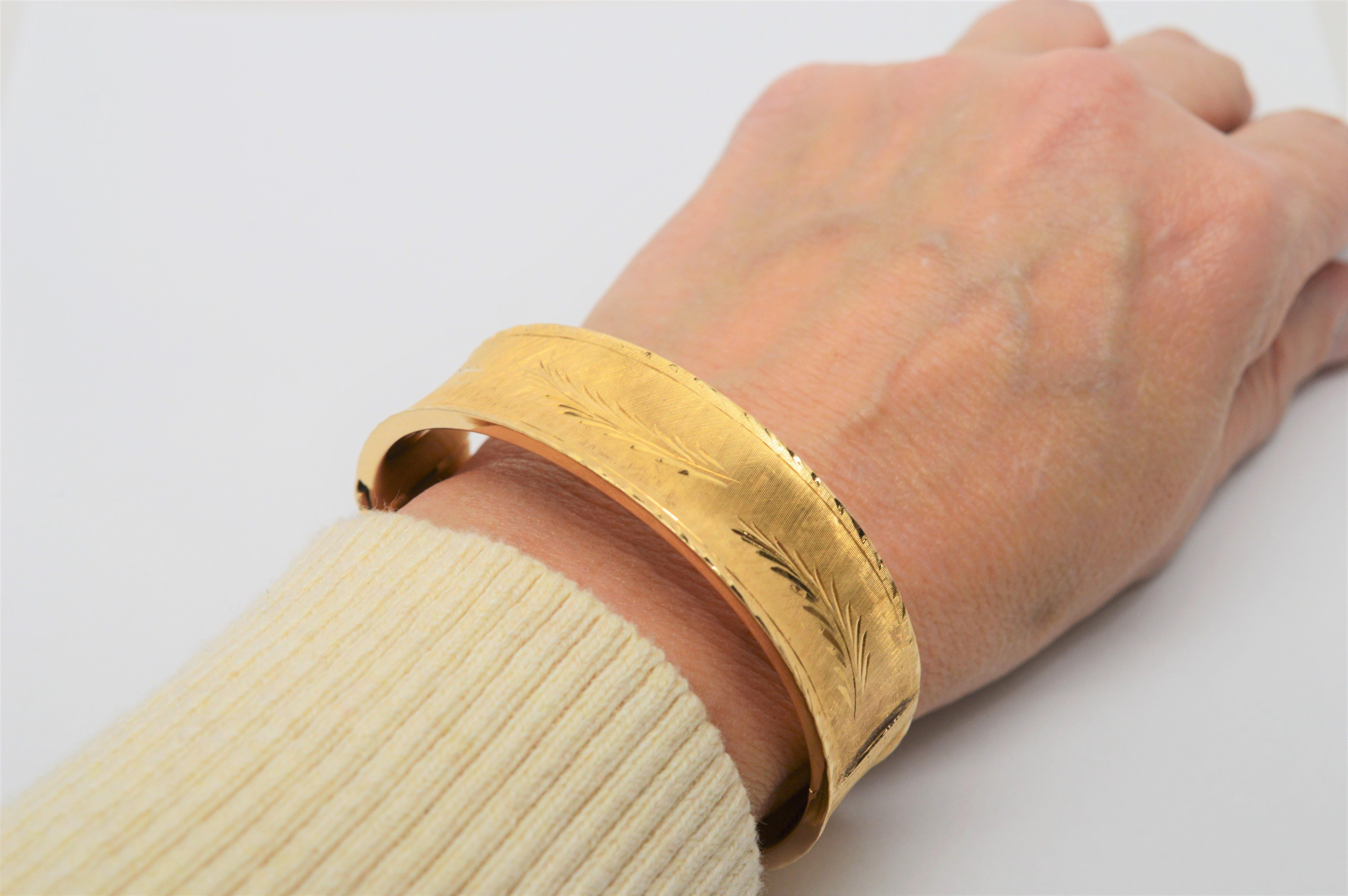 Engraved Satin 14 Karat Yellow Gold Bangle Bracelet In Excellent Condition In Mount Kisco, NY