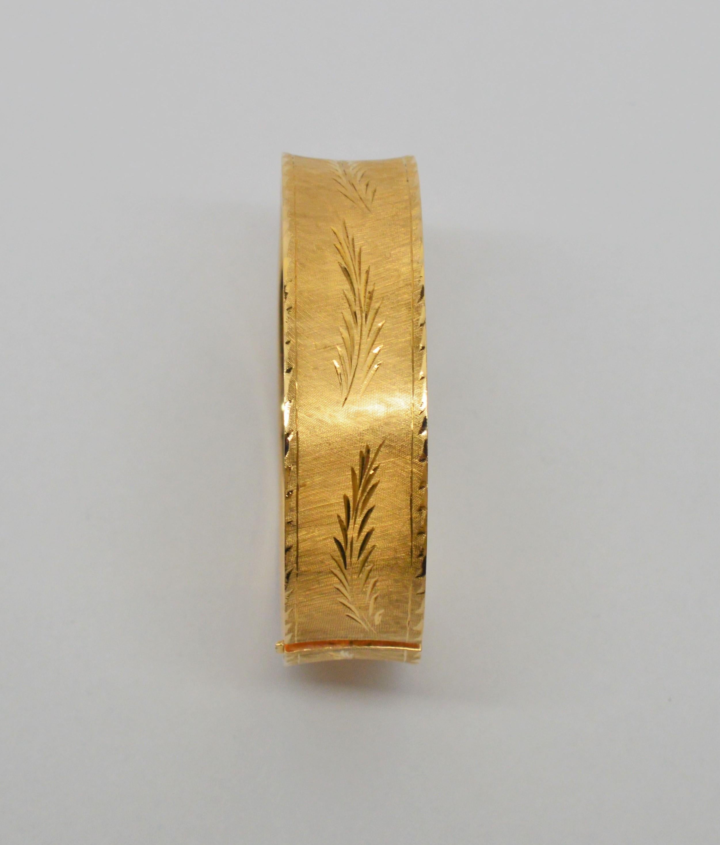 Women's Engraved Satin 14 Karat Yellow Gold Bangle Bracelet