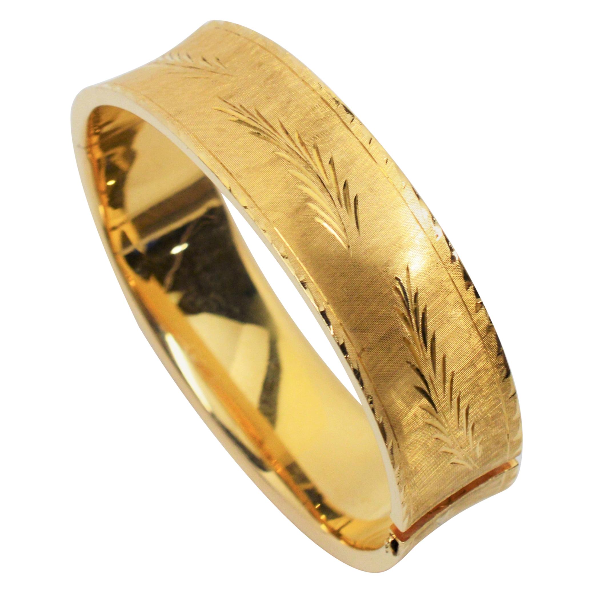 Engraved Satin 14 Karat Yellow Gold Bangle Bracelet