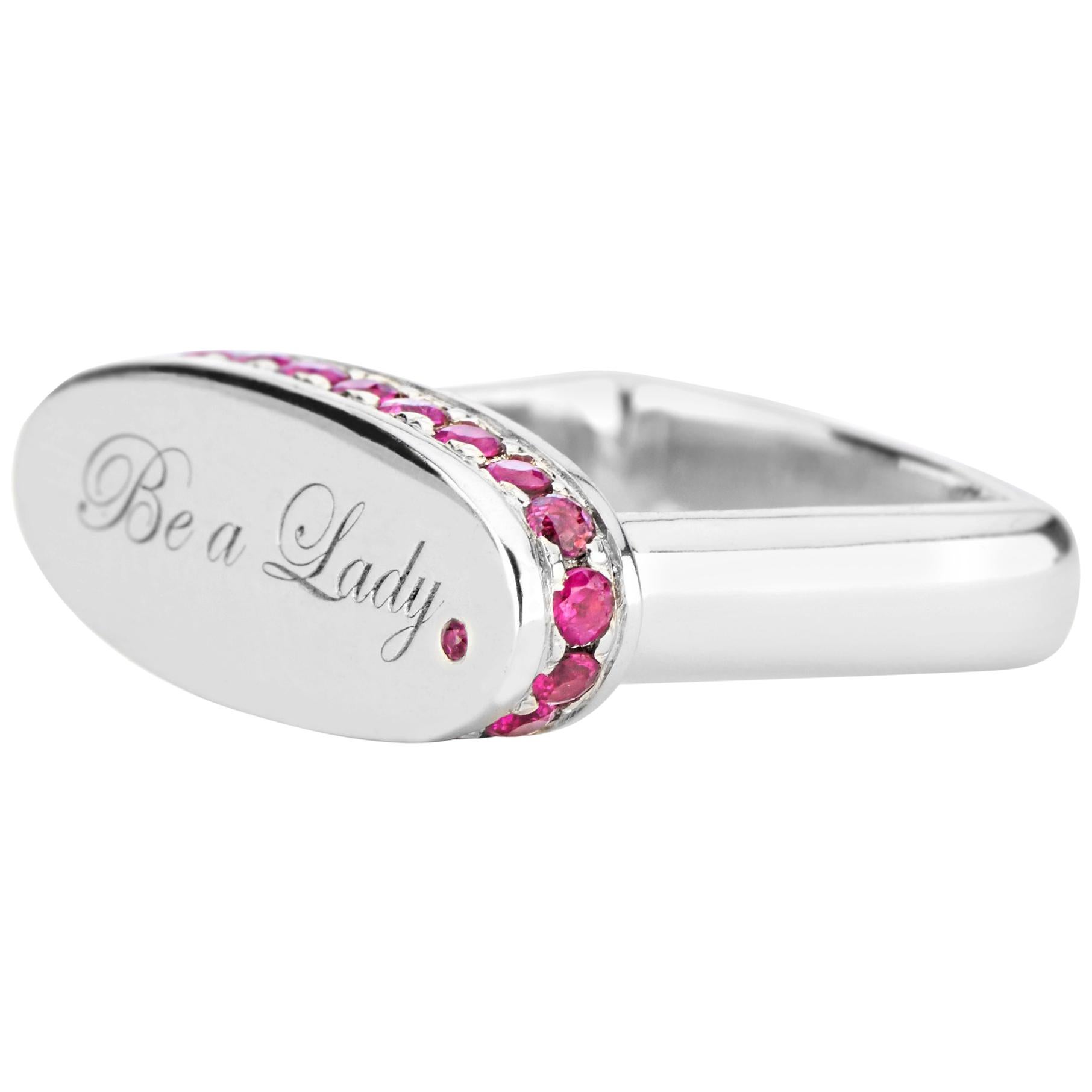 Engraved Sterling Silver and Pink Sapphires "Be a Lady." Signet Ring For Sale