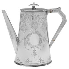 Antique Engraved Victorian 'Can Shape' Sterling Silver Coffee Pot - London 1875