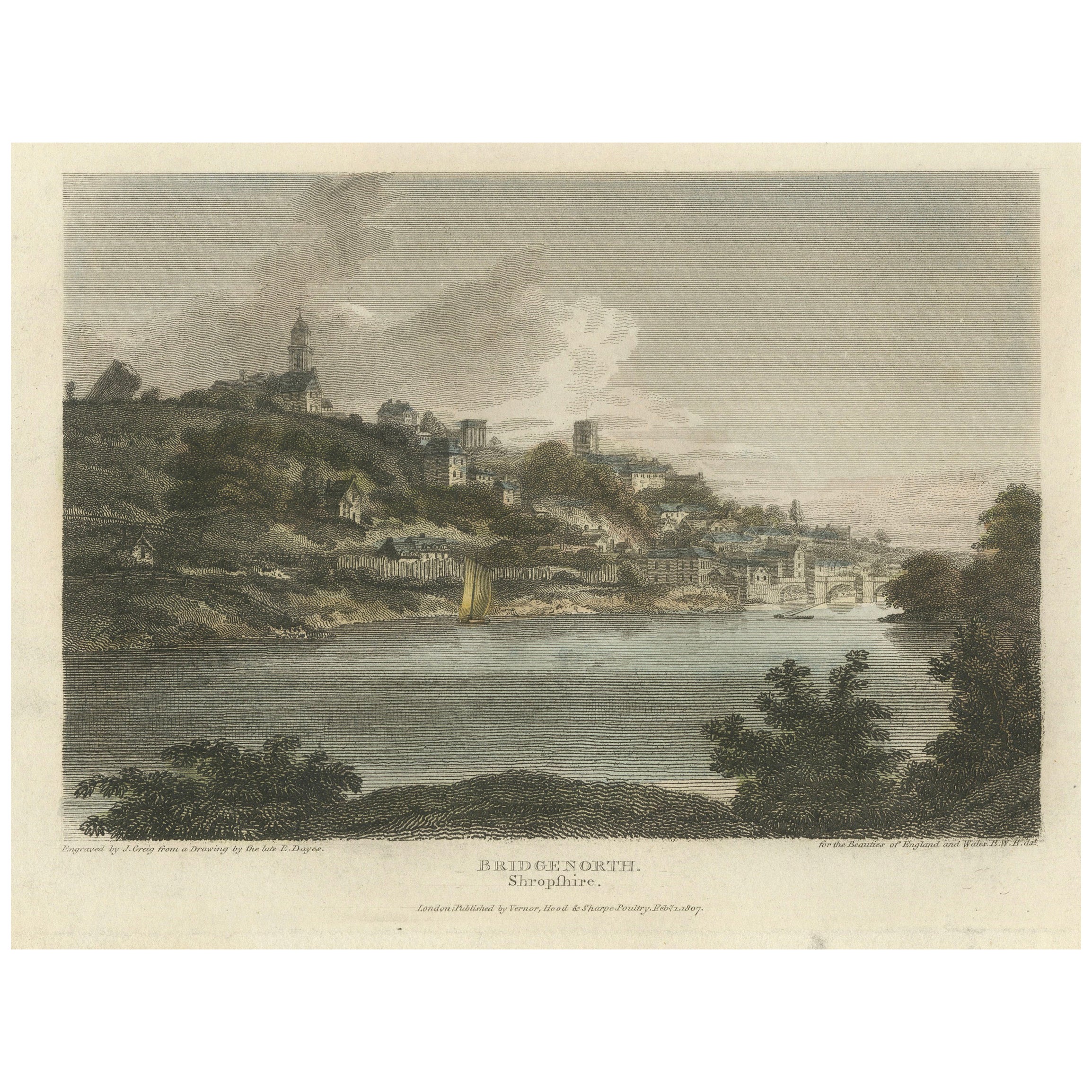 Gravur Ansicht von Bridgnorth, einer Stadt in Shropshire, England, 1807 im Angebot