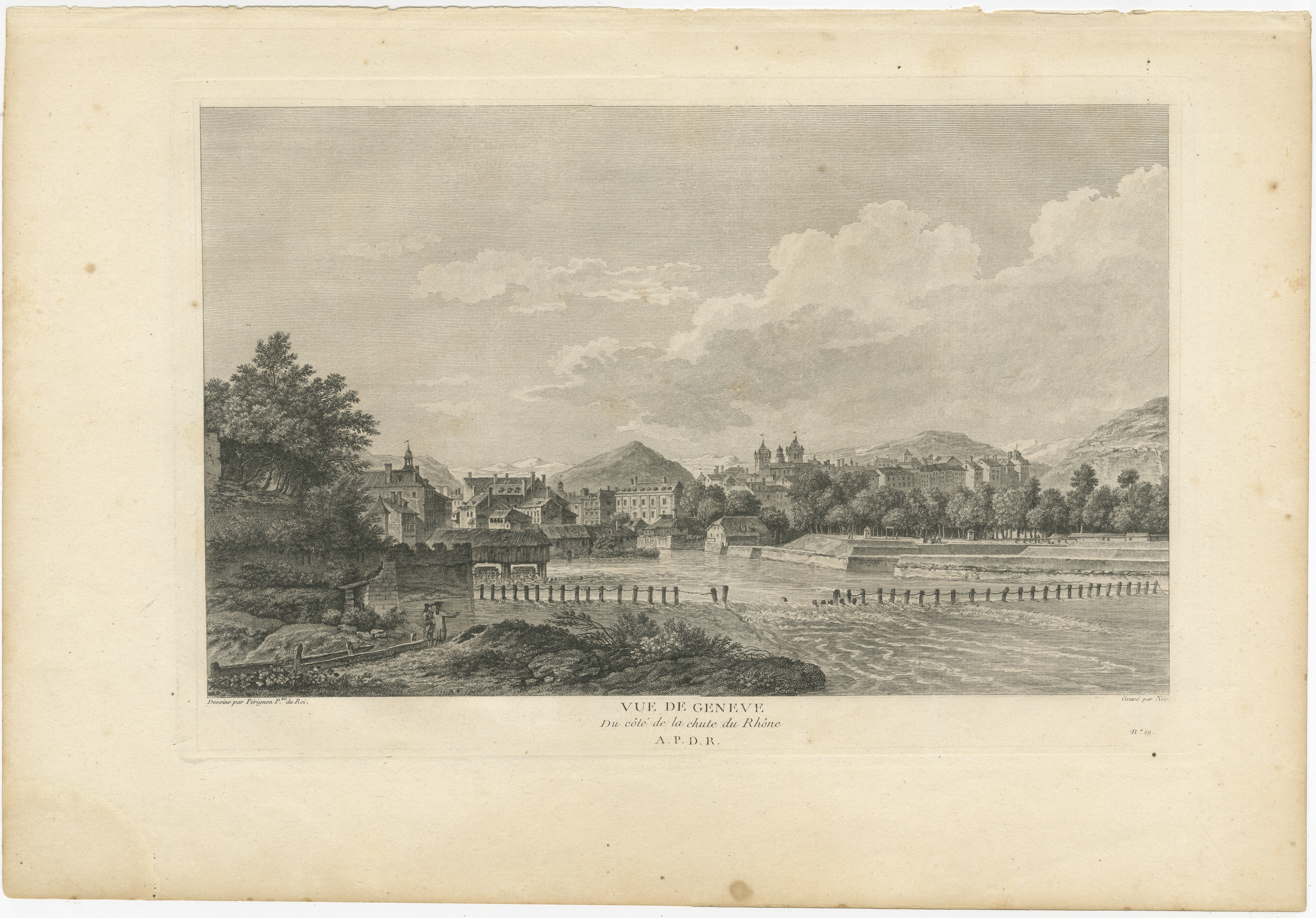 Title: View of Geneva from the Rhône River (Vue de Genève, Du côté de la chute du Rhône)

Description: This finely detailed engraving depicts a panoramic view of Geneva as seen from the Rhône River. The image captures the city’s distinctive skyline,
