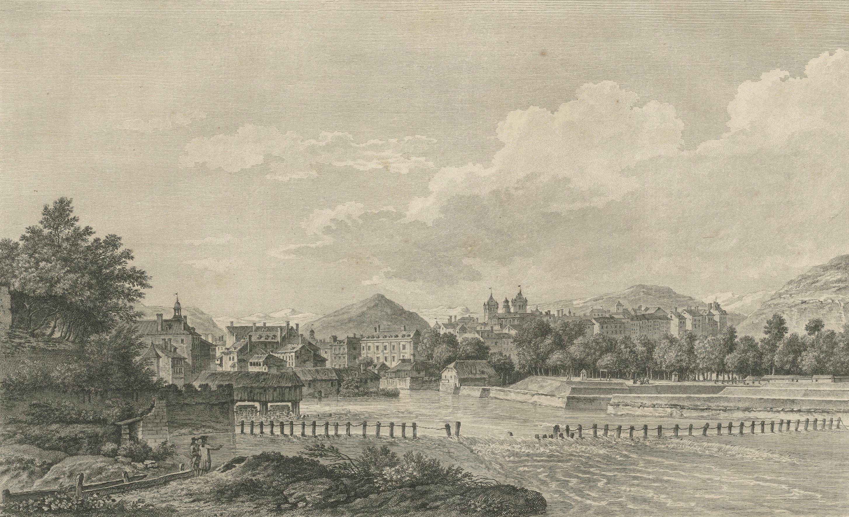 Paper Engraved View of Geneva from the Rhône River, Published in 1780 For Sale