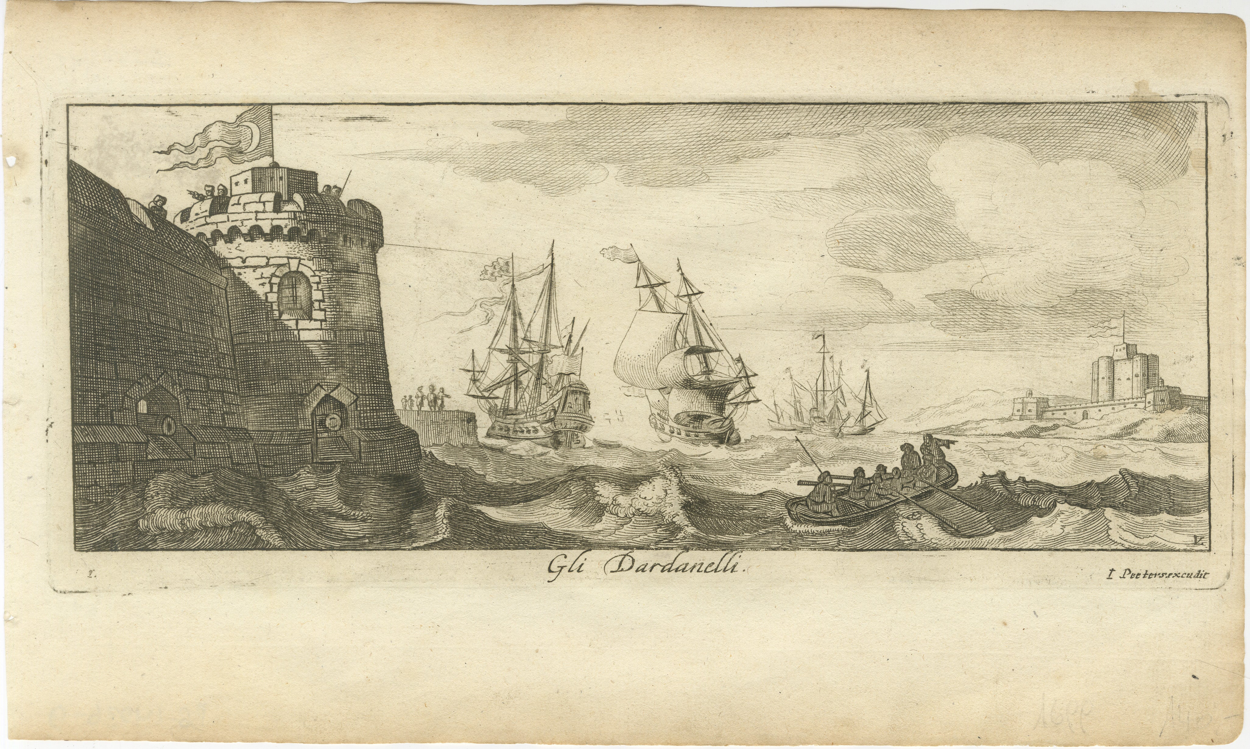 Titre :  Vue des Dardanelles avec des fortifications et des navires, vers 1680  

Description : Cette gravure sur cuivre offre une vue détaillée du détroit des Dardanelles, soulignant son importance stratégique avec des fortifications proéminentes