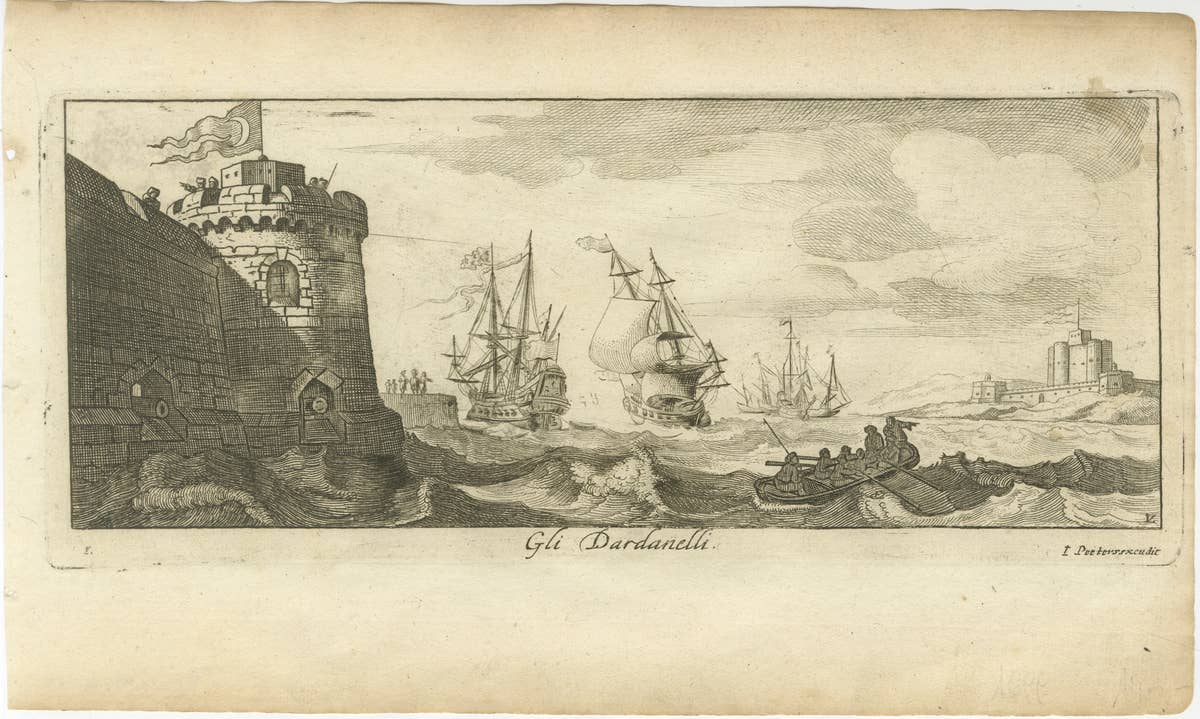Engraved View of the Dardanelles with Fortifications and Ships, ca. 1680