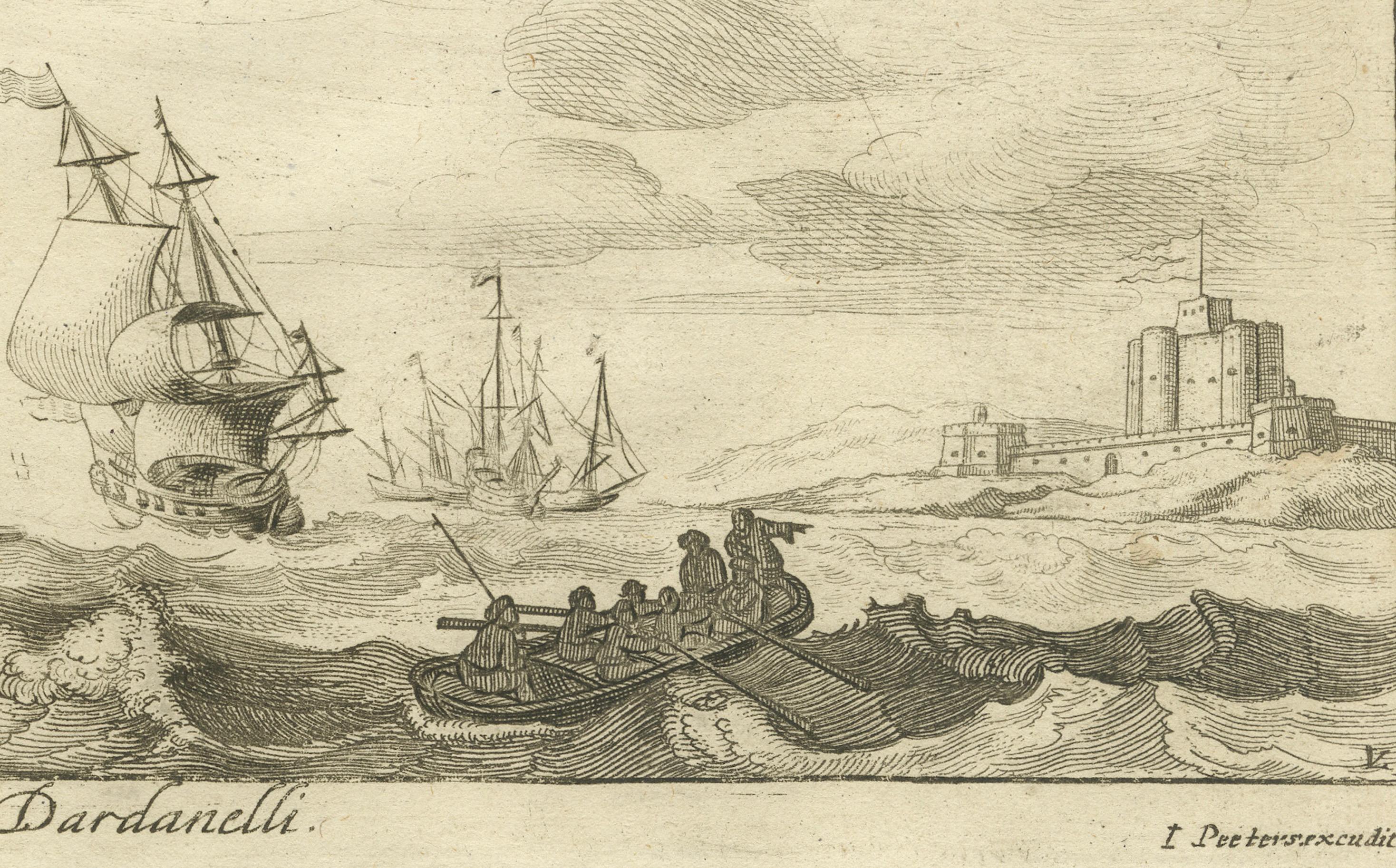 Gravé View of the Dardanelles with Fortifications and Ships, vers 1680 en vente