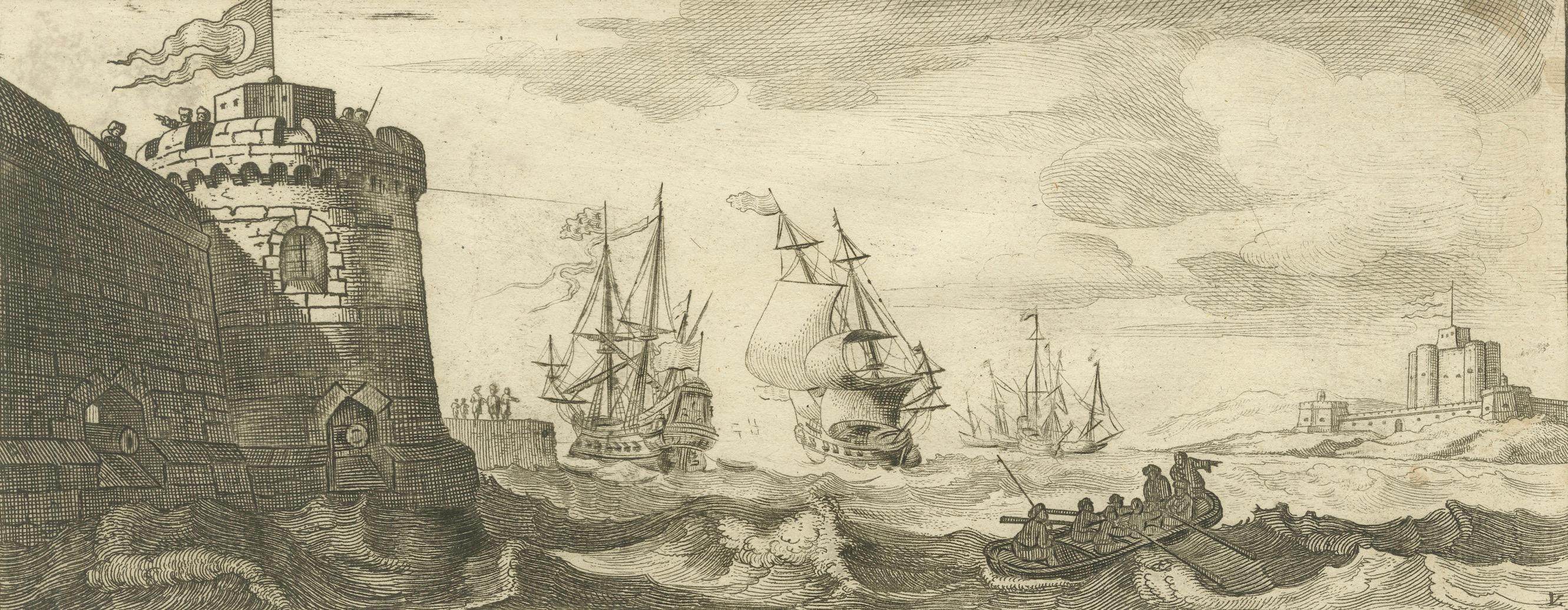 Fin du XVIIe siècle View of the Dardanelles with Fortifications and Ships, vers 1680 en vente