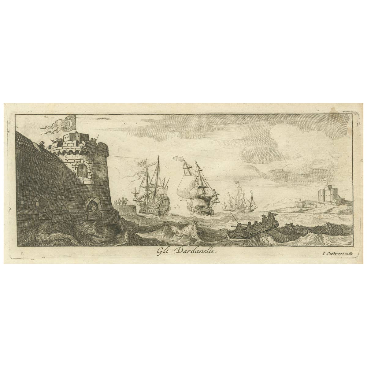 Engraved View of the Dardanelles with Fortifications and Ships, ca. 1680