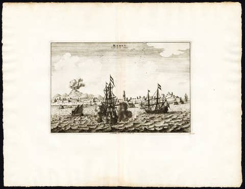 Engraved View of The Portugese Colony of Macao Under Attack by the Dutch, 1725