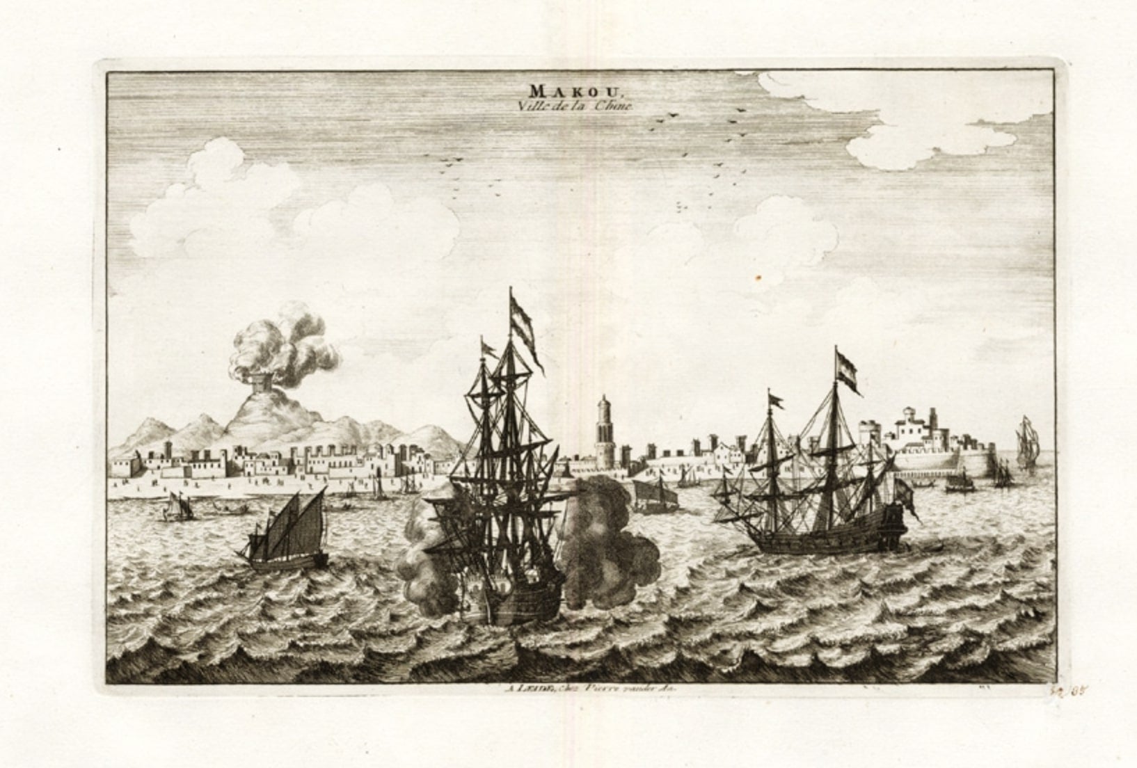 Gravierte Ansicht der portugiesischen Kolonie von Macao unter Attacke der Niederländer, 1725