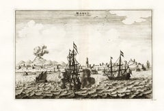 Gravierte Ansicht der portugiesischen Kolonie von Macao unter Attacke der Niederländer, 1725