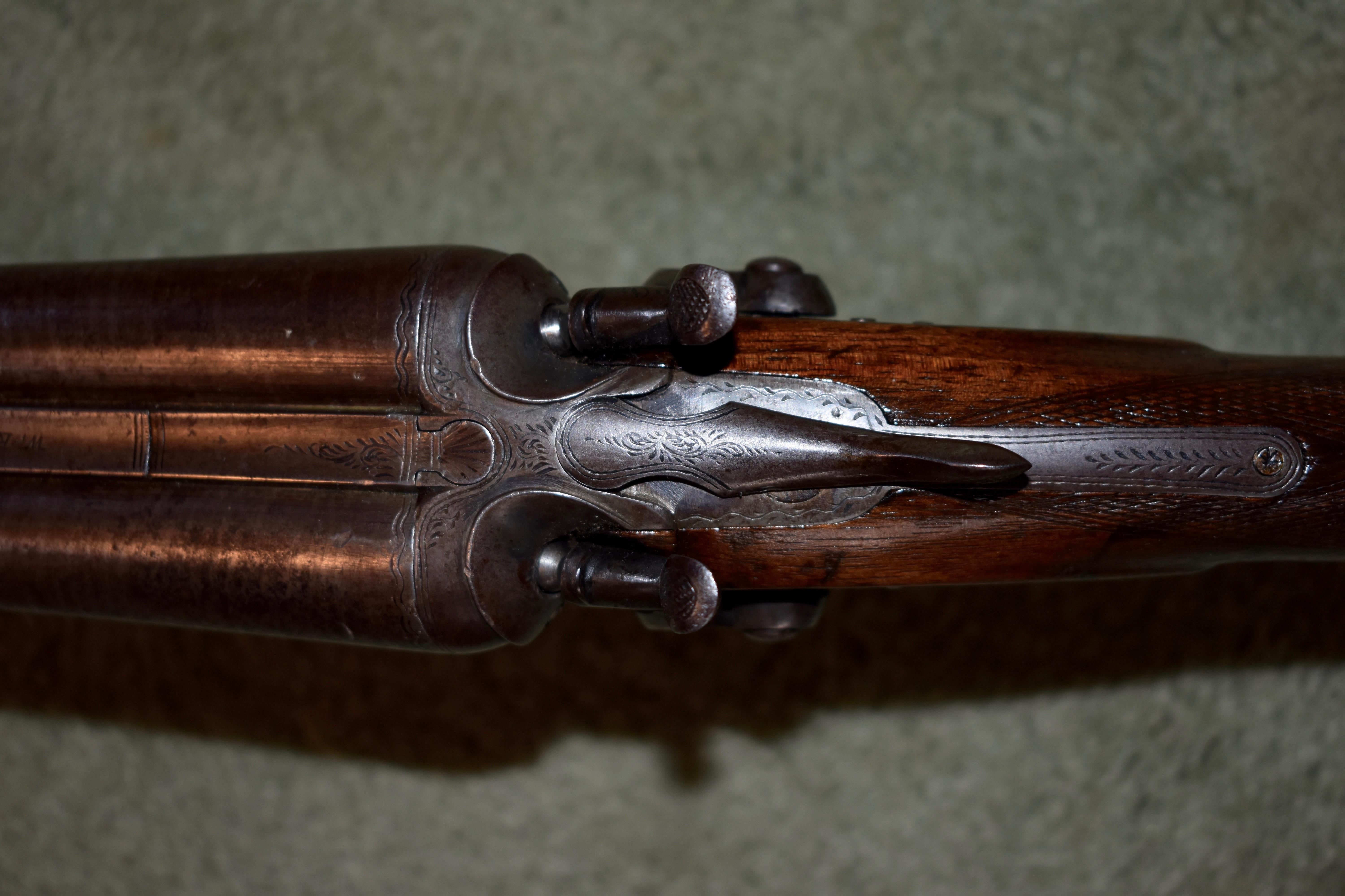 Stainless Steel Engraved W. Richards & Co. Damascus Double Barrel Shotgun Pre 1899, London For Sale