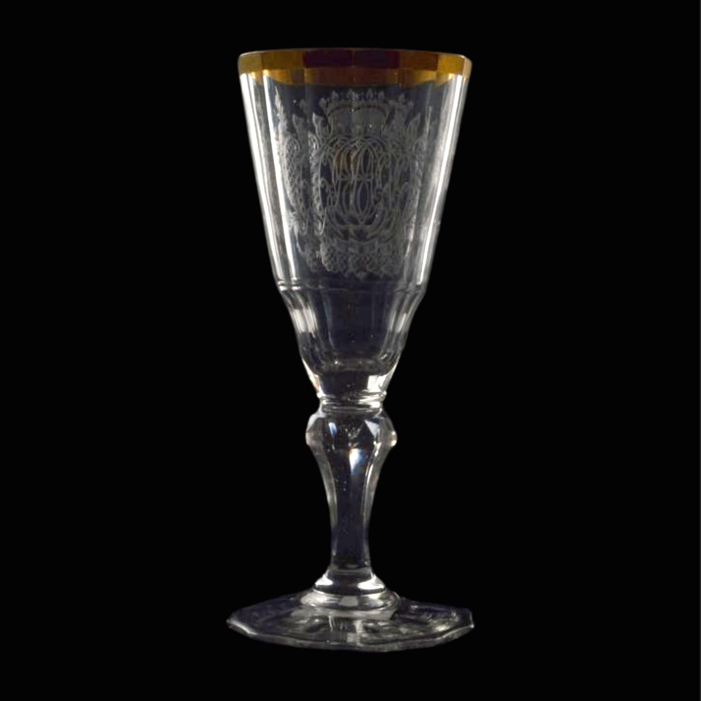 Neoclassical Engraved Warmbrunn wine glass with gilt rim. Silesia C1720. For Sale