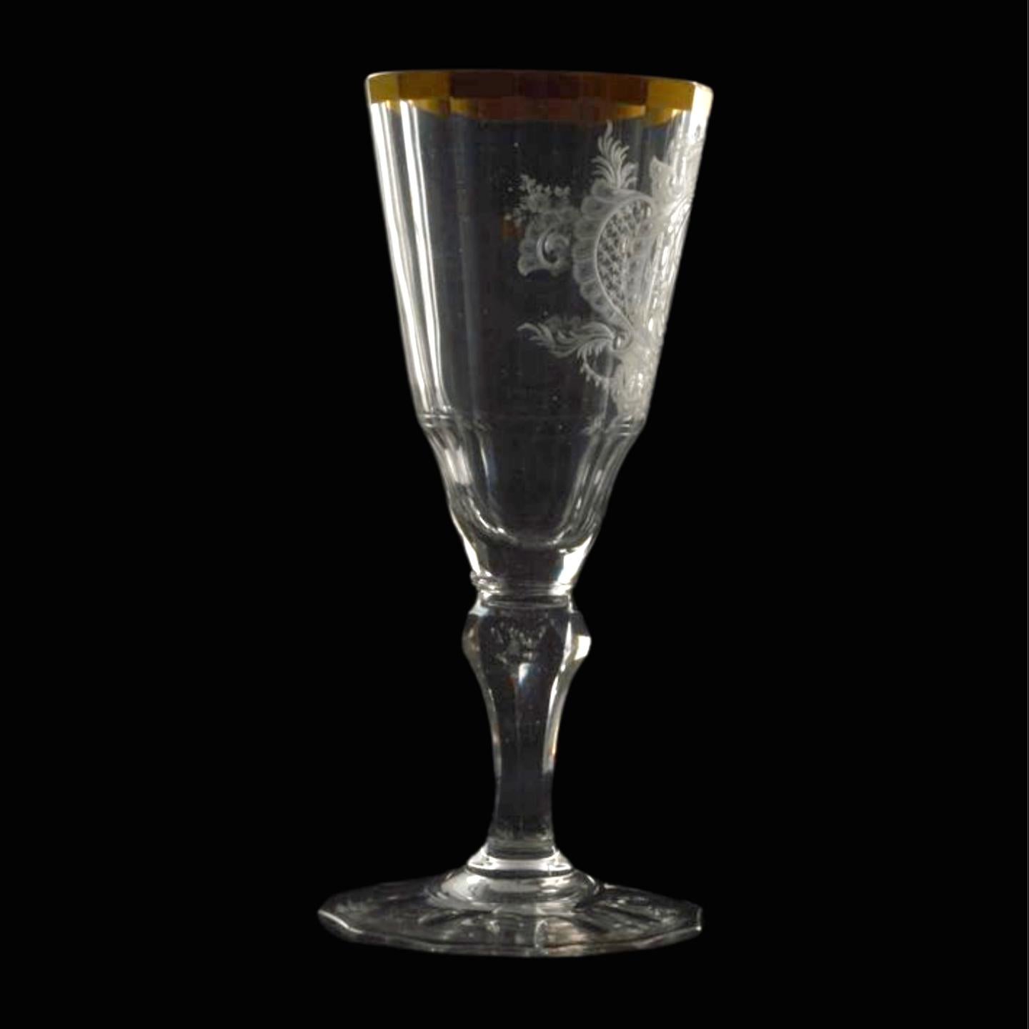 German Engraved Warmbrunn wine glass with gilt rim. Silesia C1720. For Sale