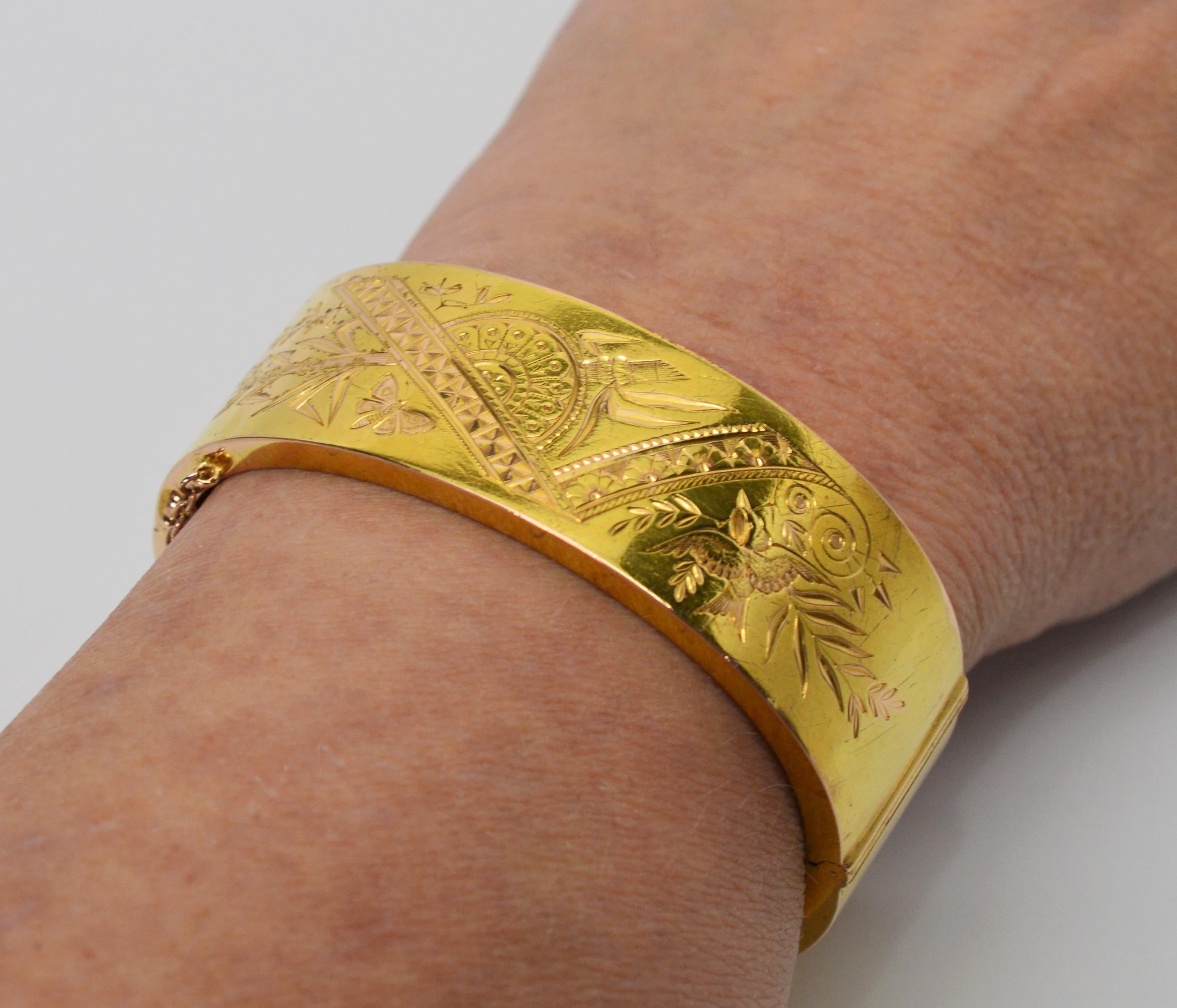 Engraved Wide Yellow Gold Antique Bangle Bracelet In Good Condition In Mount Kisco, NY