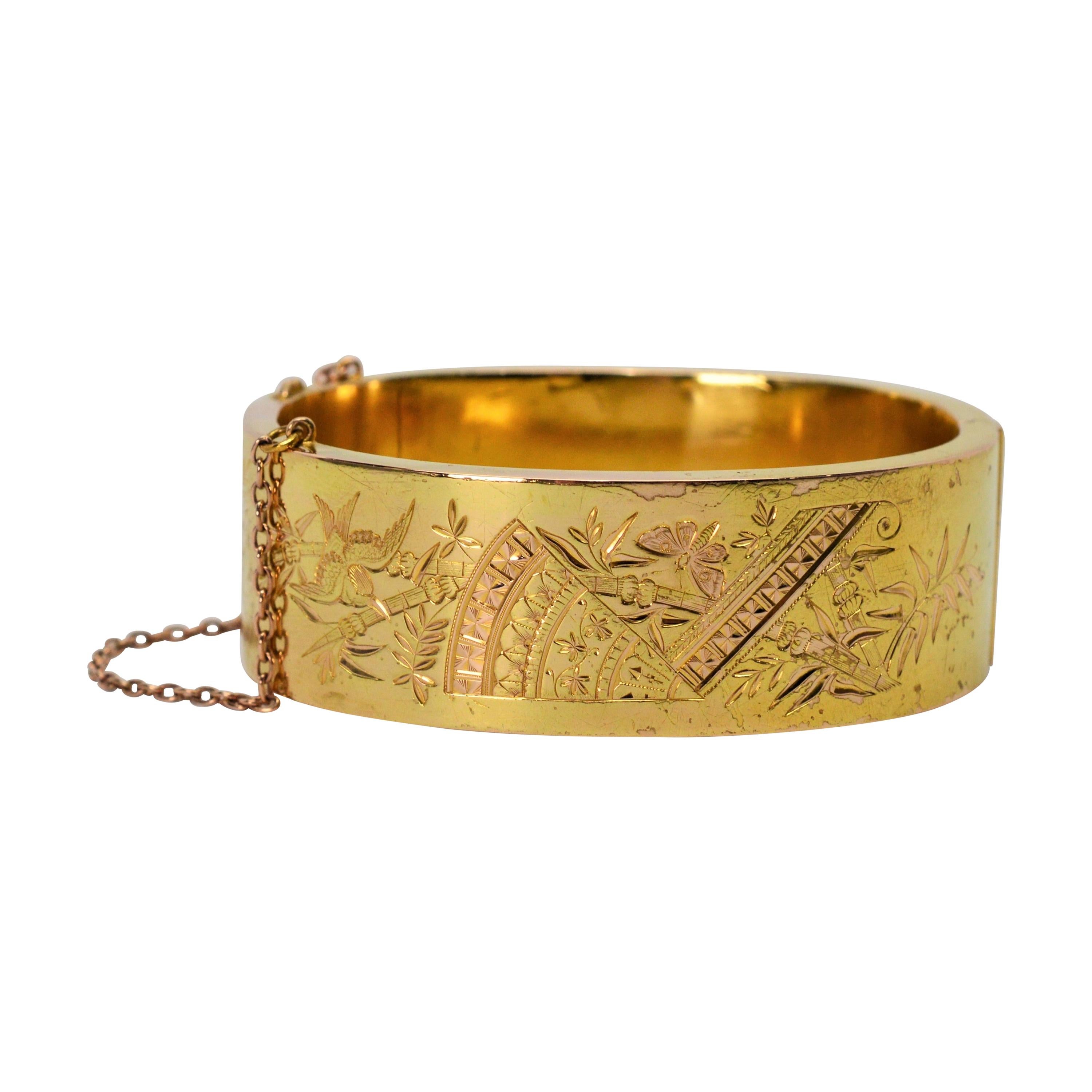 Engraved Wide Yellow Gold Antique Bangle Bracelet For Sale at 1stDibs